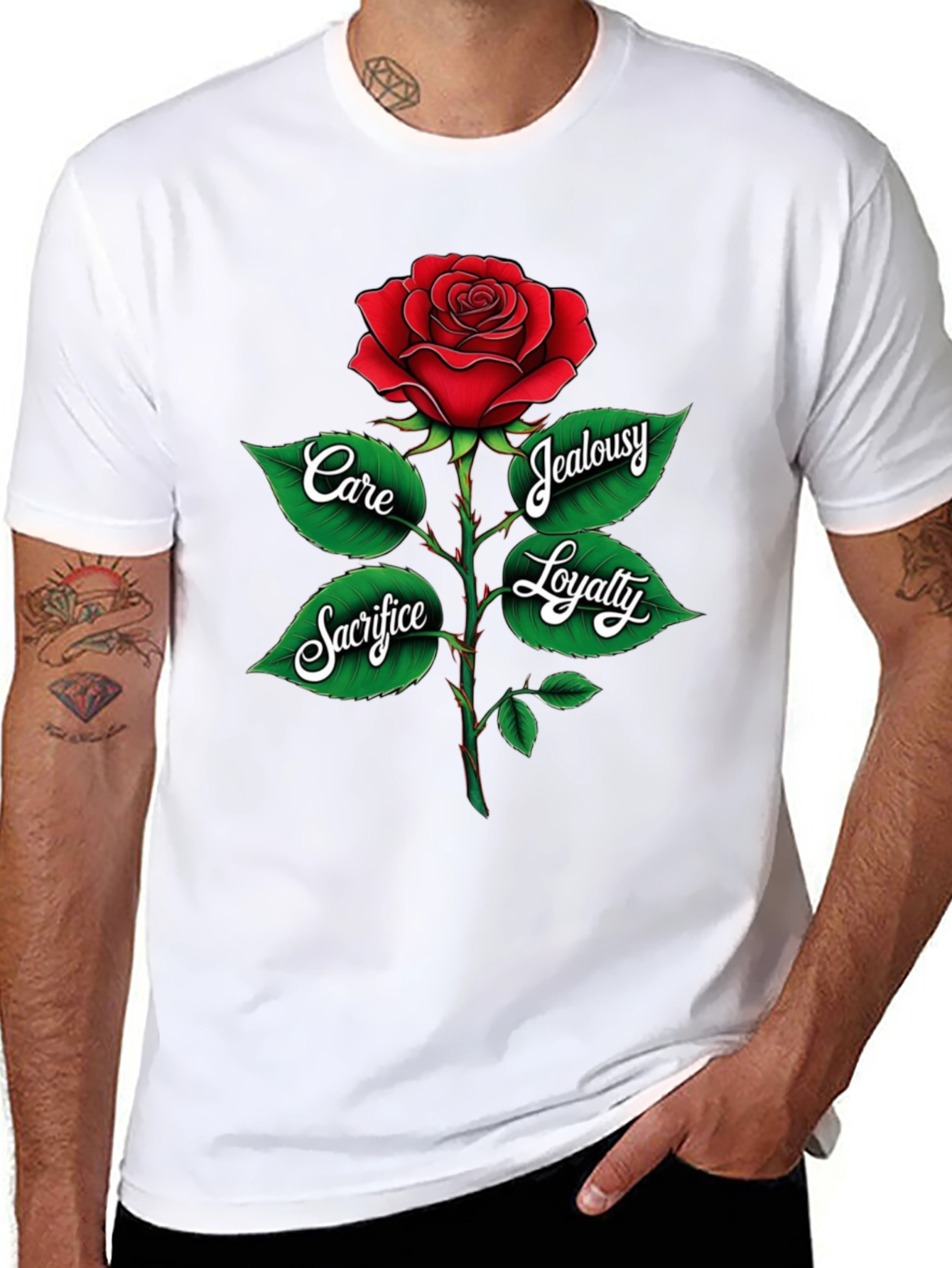 Rose Graphic Tee: Care Sacrifice Loyalty & Jealousy
