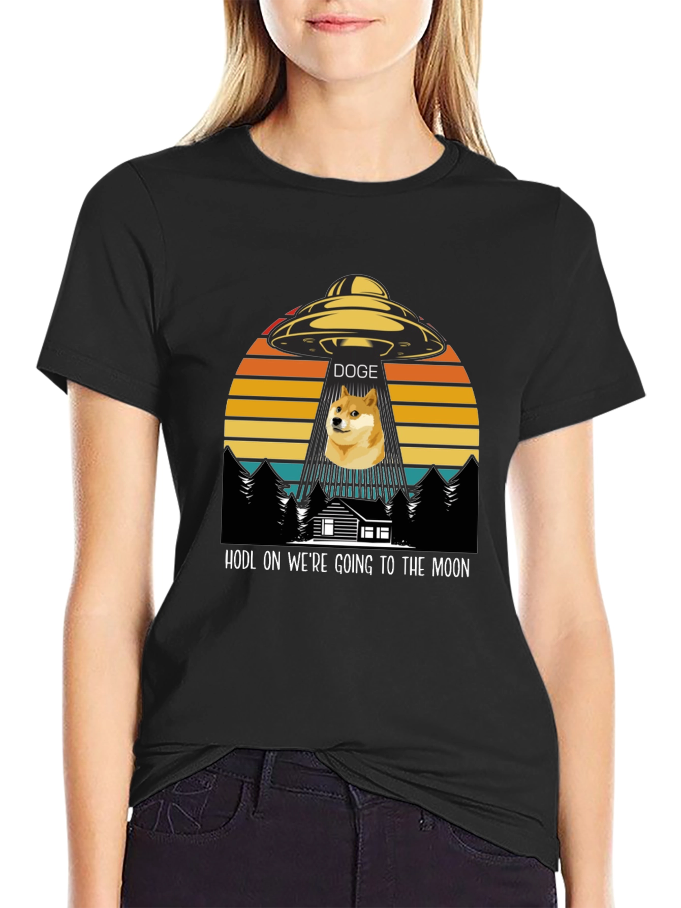 Doge HODL Moon Black T-Shirt