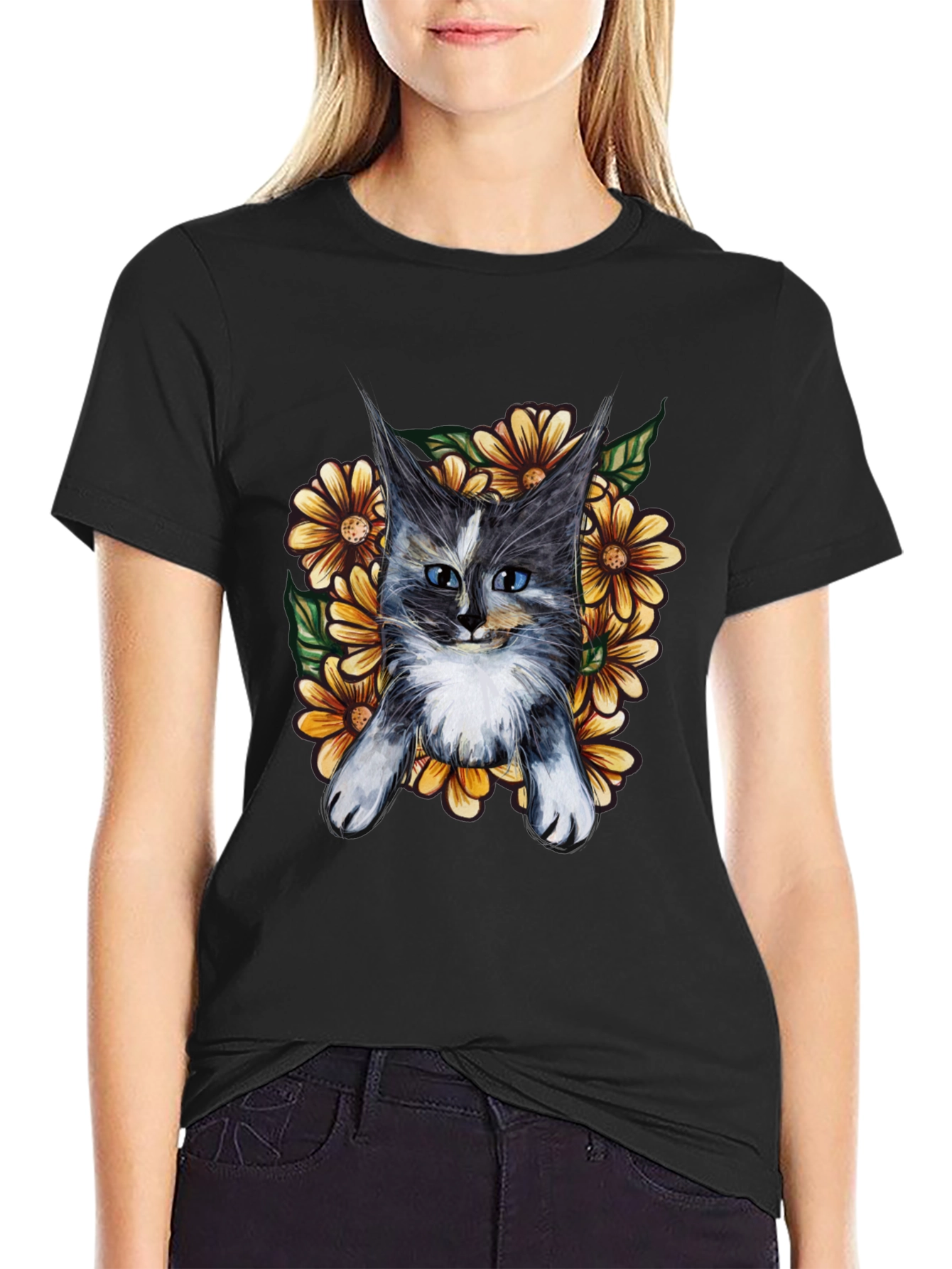 Cat and Sunflower Graphic T-Shirt