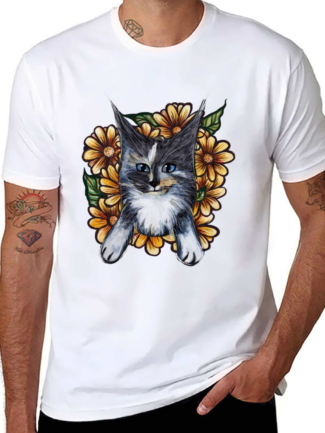 Cat and Sunflower Graphic T-Shirt