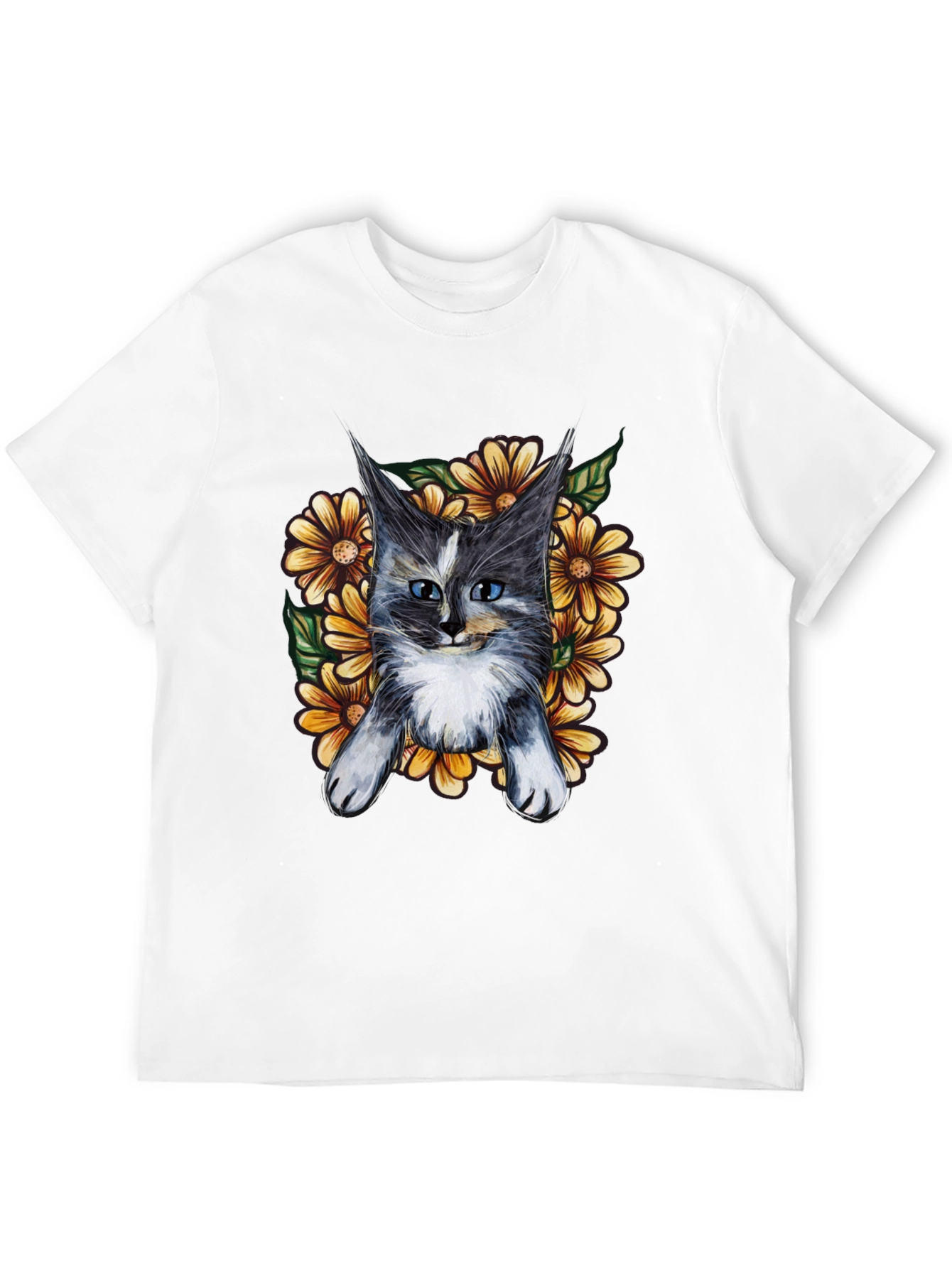 Cat and Sunflower Graphic T-Shirt