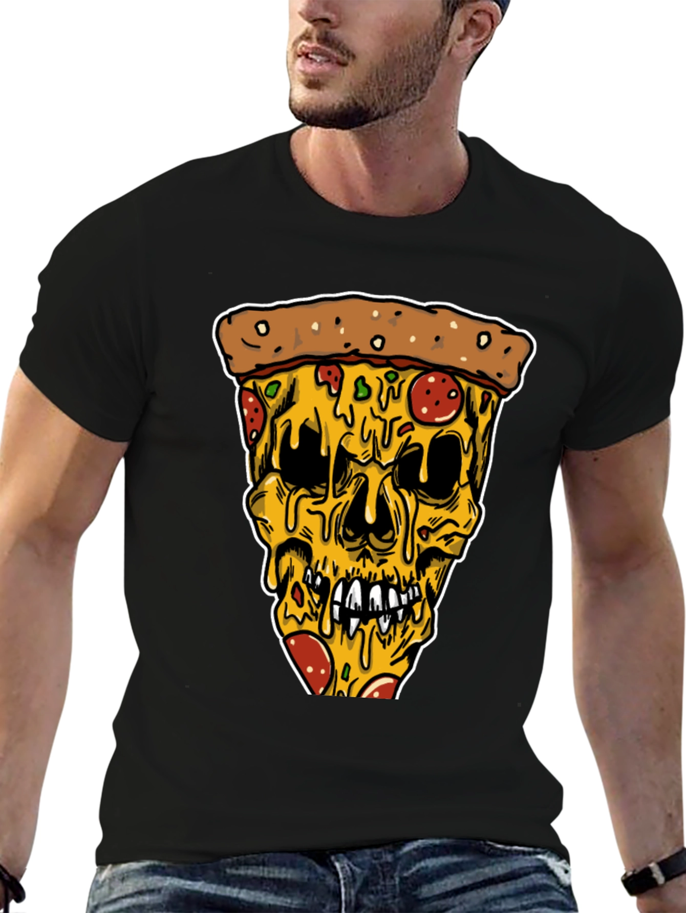 Pizza Skull Graphic Tee - Unique Black T-Shirt