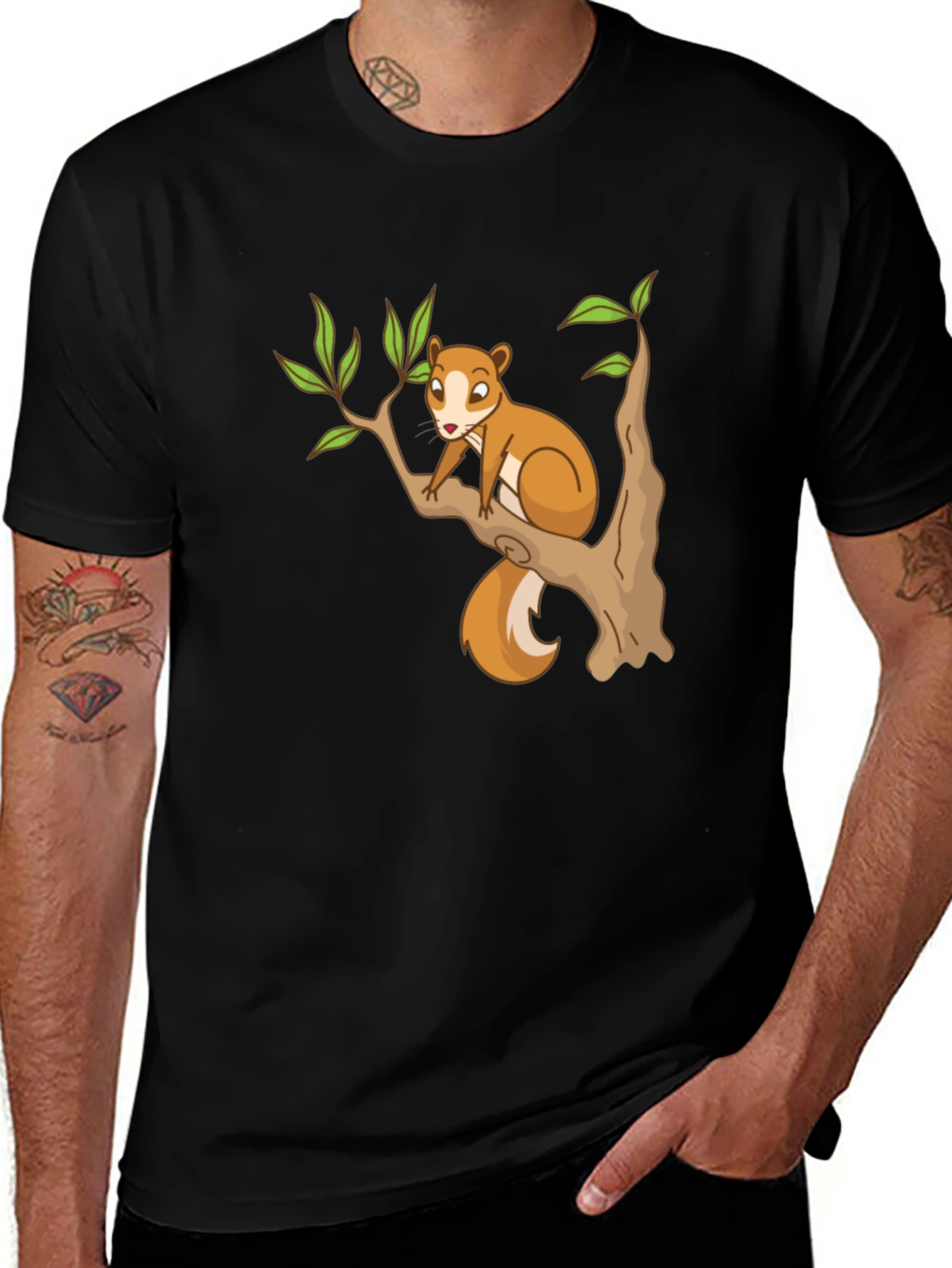 Squirrel on Tree Black T-Shirt