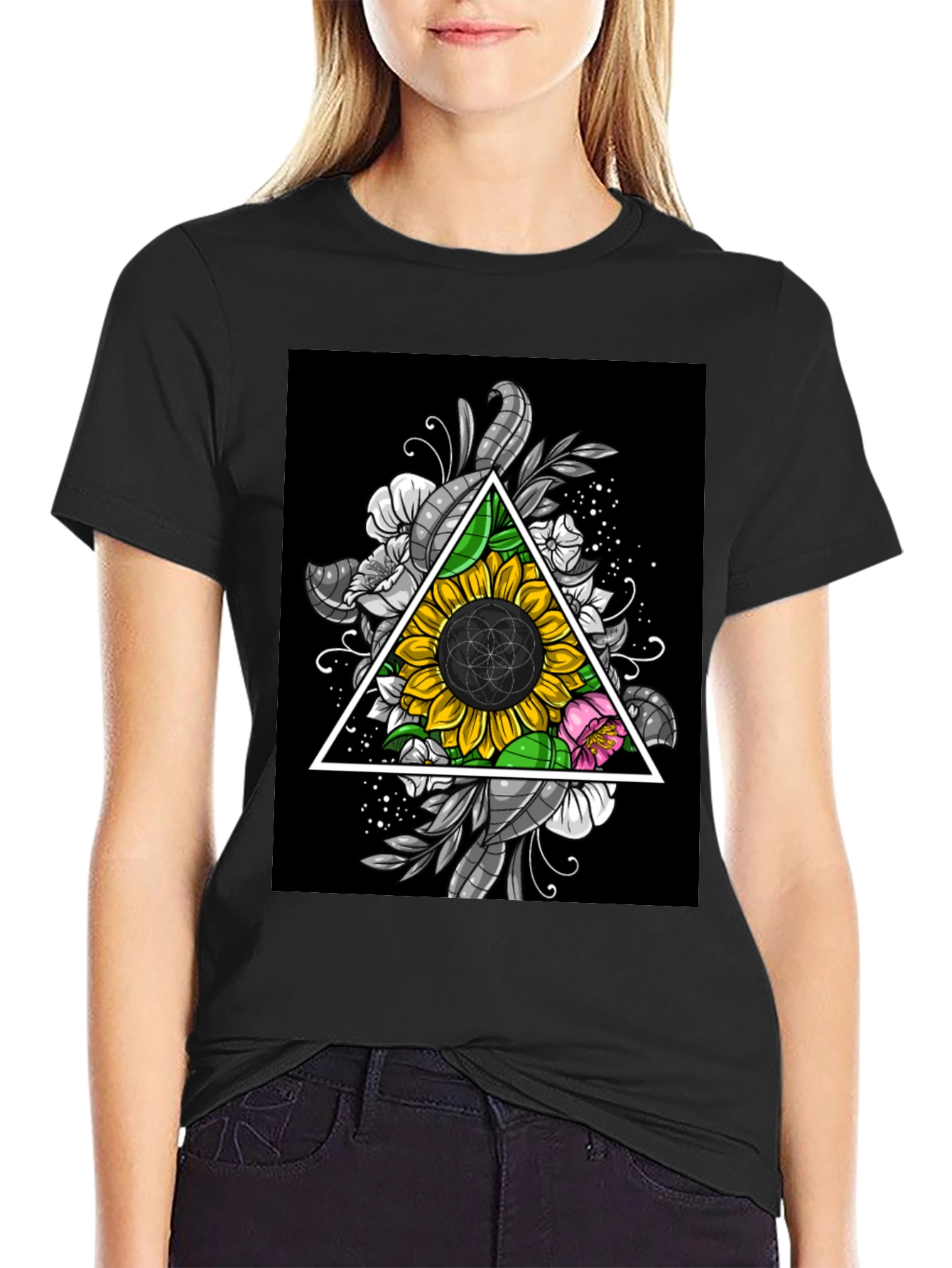 Sunflower Triangle Graphic T-Shirt - Black