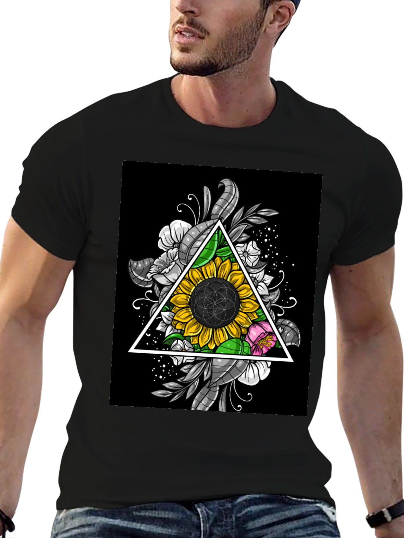 Sunflower Triangle Graphic T-Shirt - Black