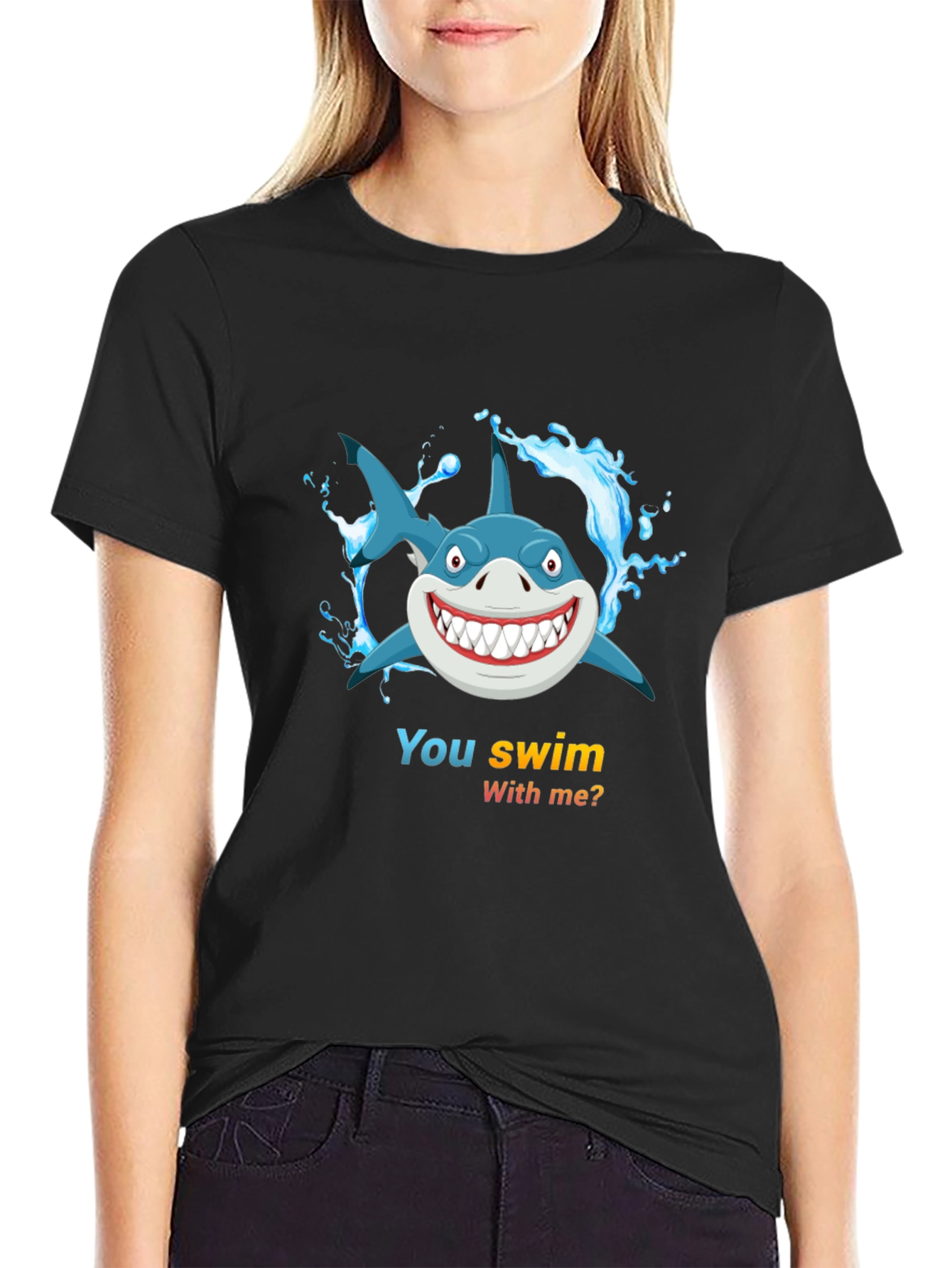 Shark Cartoon Graphic Mens Black T-Shirt
