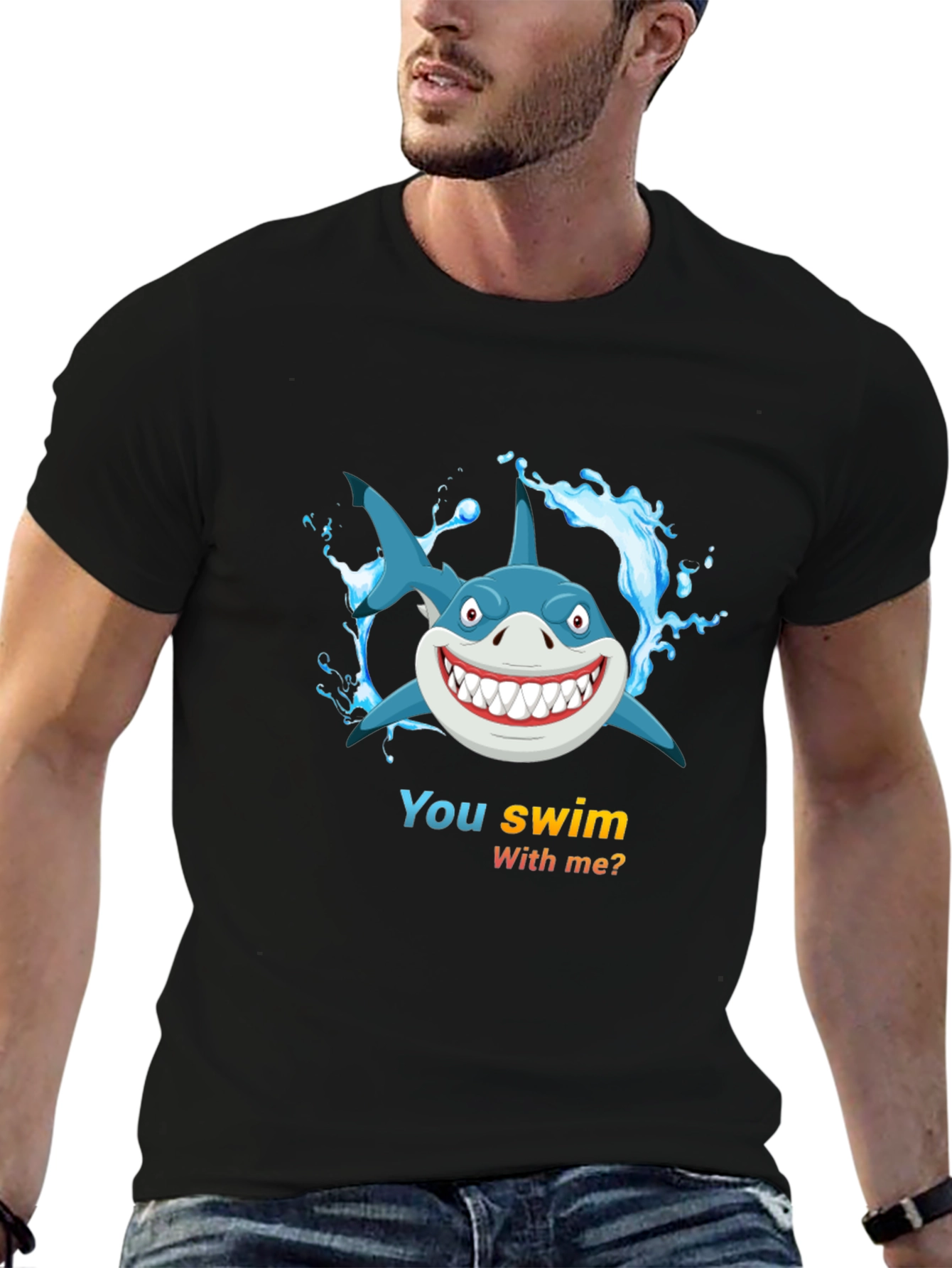 Shark Cartoon Graphic Mens Black T-Shirt
