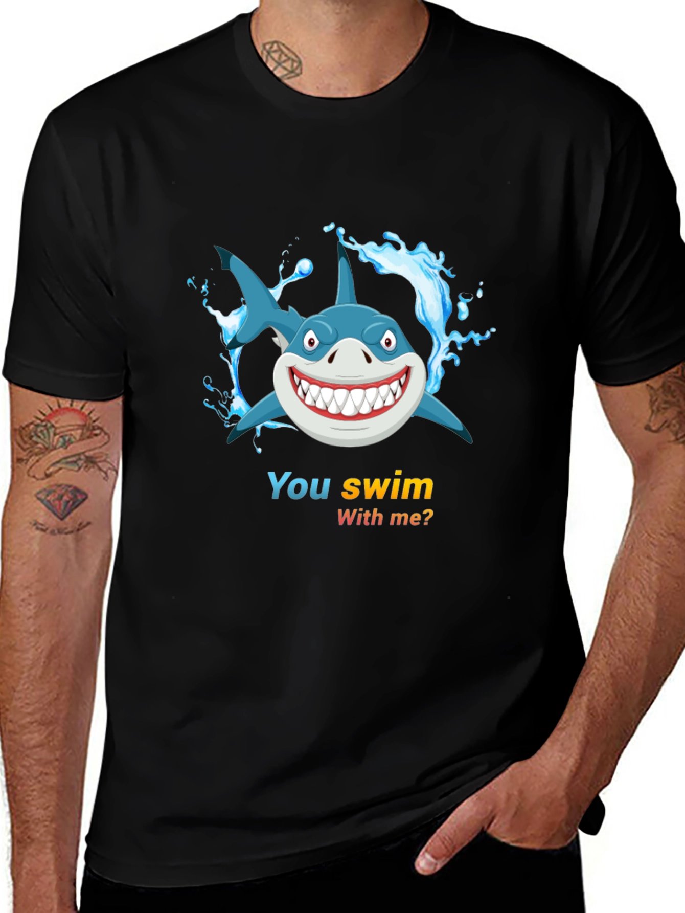 Shark Cartoon Graphic Mens Black T-Shirt