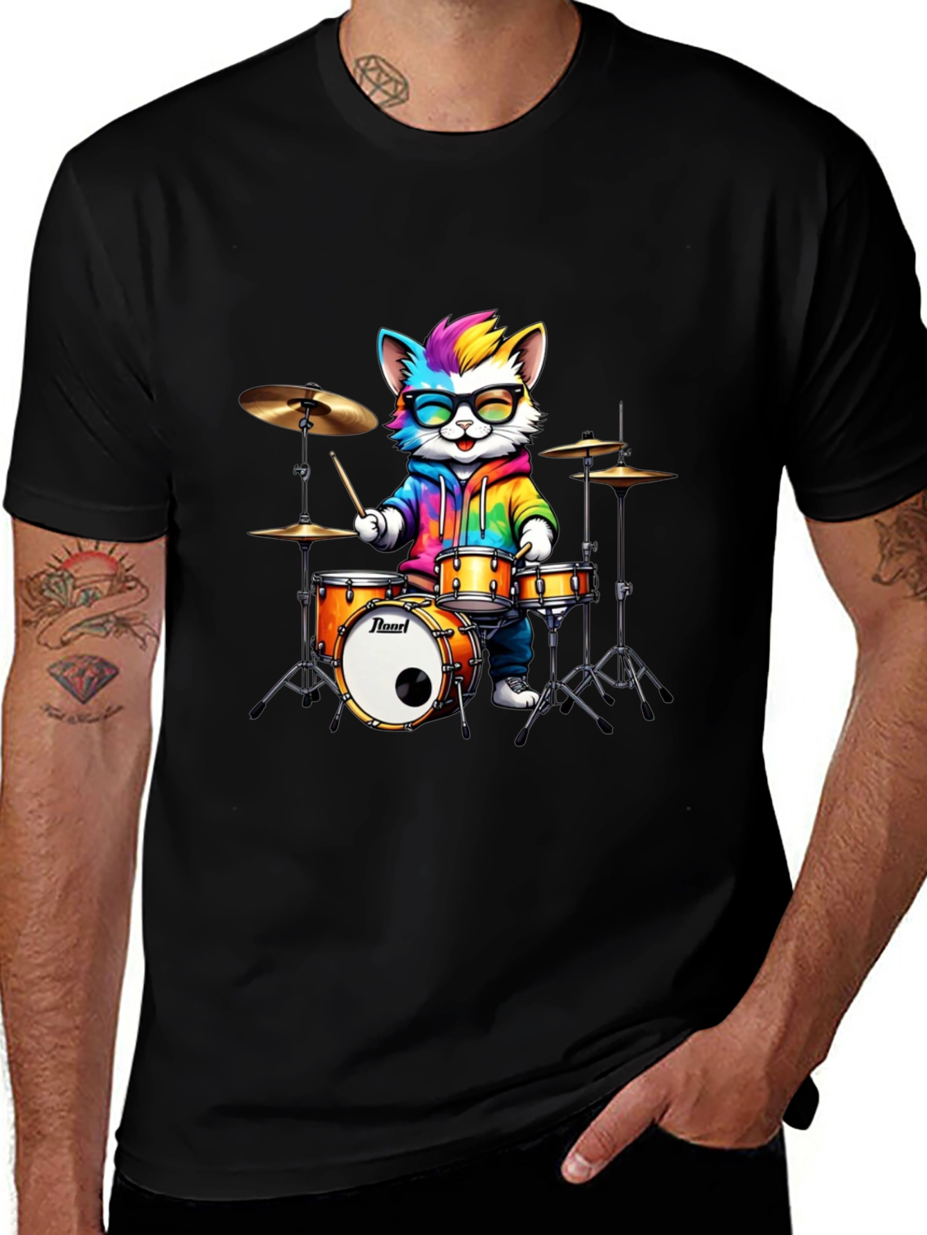 Drummer Cat T-Shirt - Rainbow Design