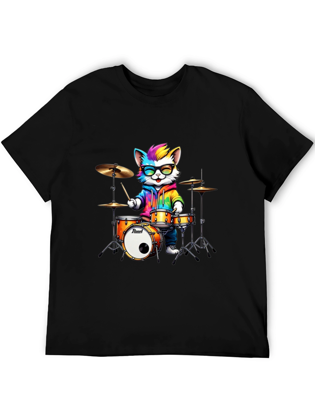 Drummer Cat T-Shirt - Rainbow Design