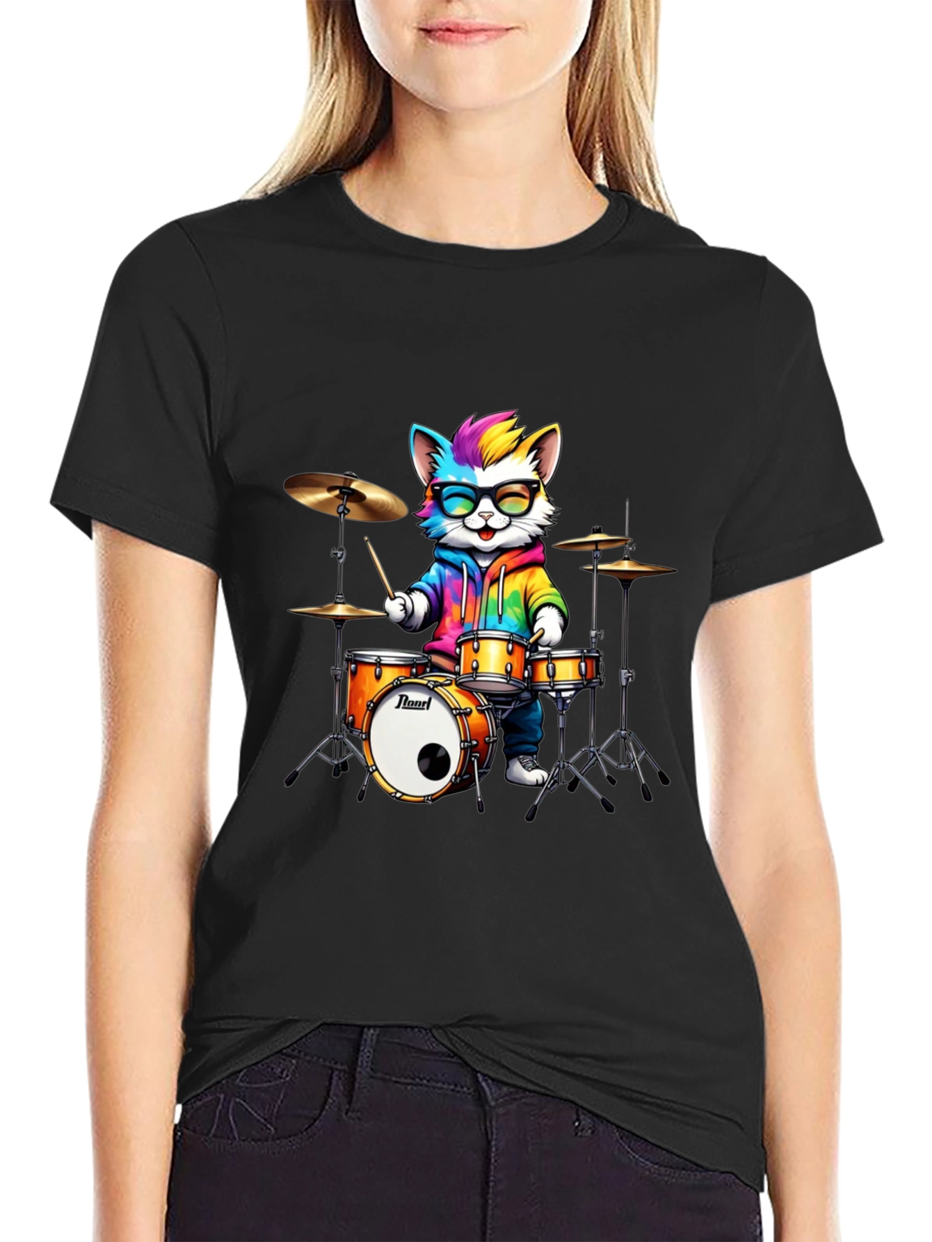 Drummer Cat T-Shirt - Rainbow Design
