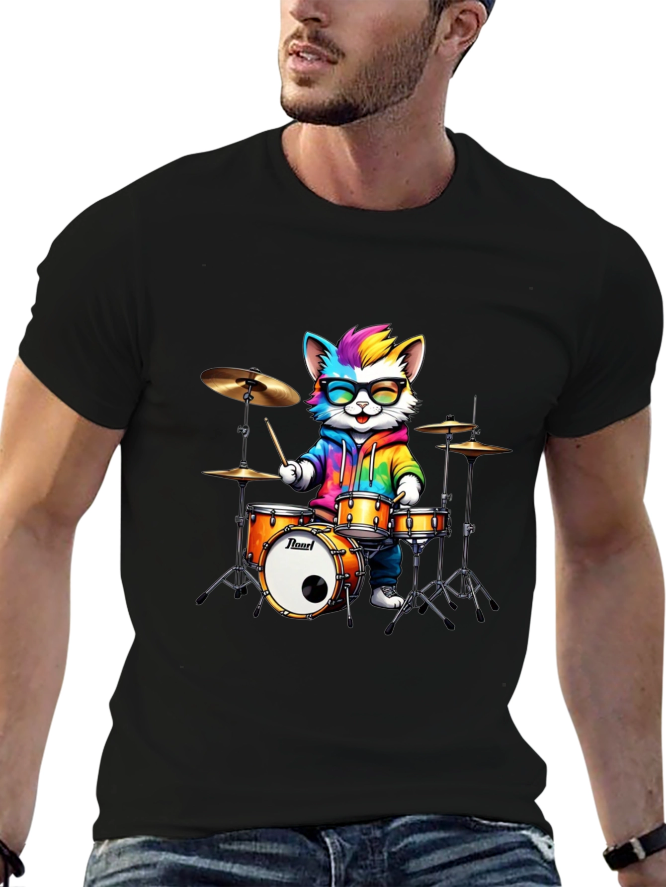 Drummer Cat T-Shirt - Rainbow Design