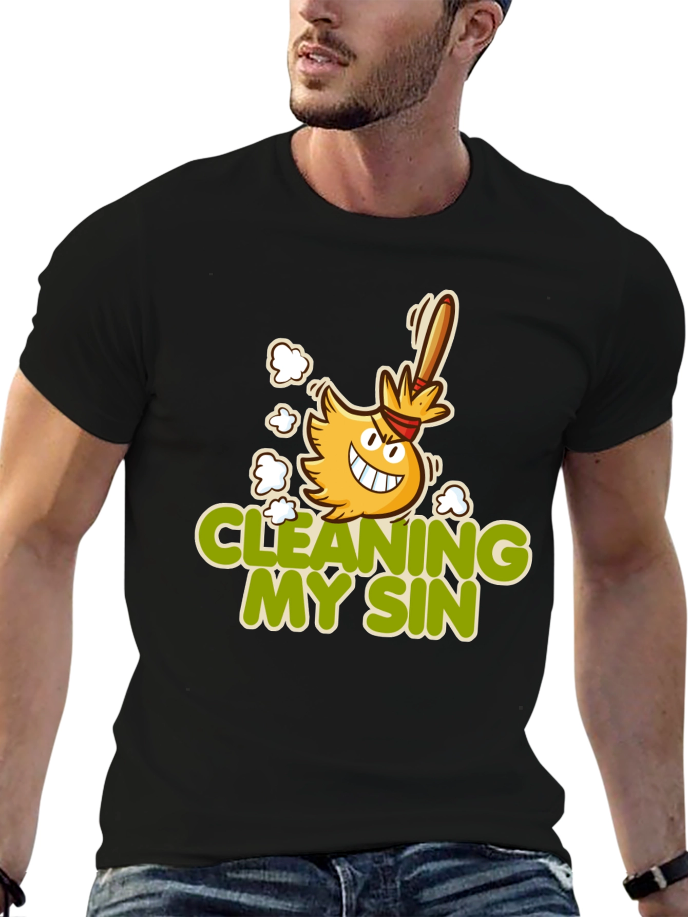 Cleaning My Sin Cartoon Broom Graphic Tee