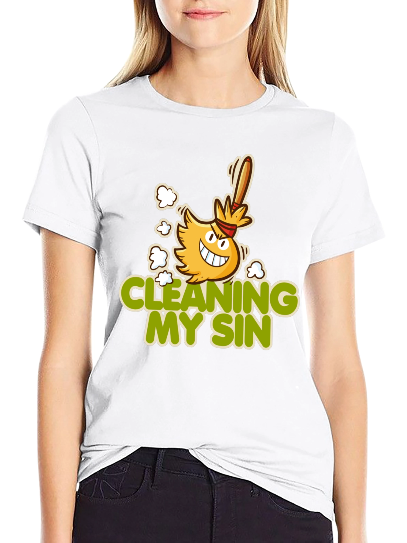 Cleaning My Sin Cartoon Broom Graphic Tee
