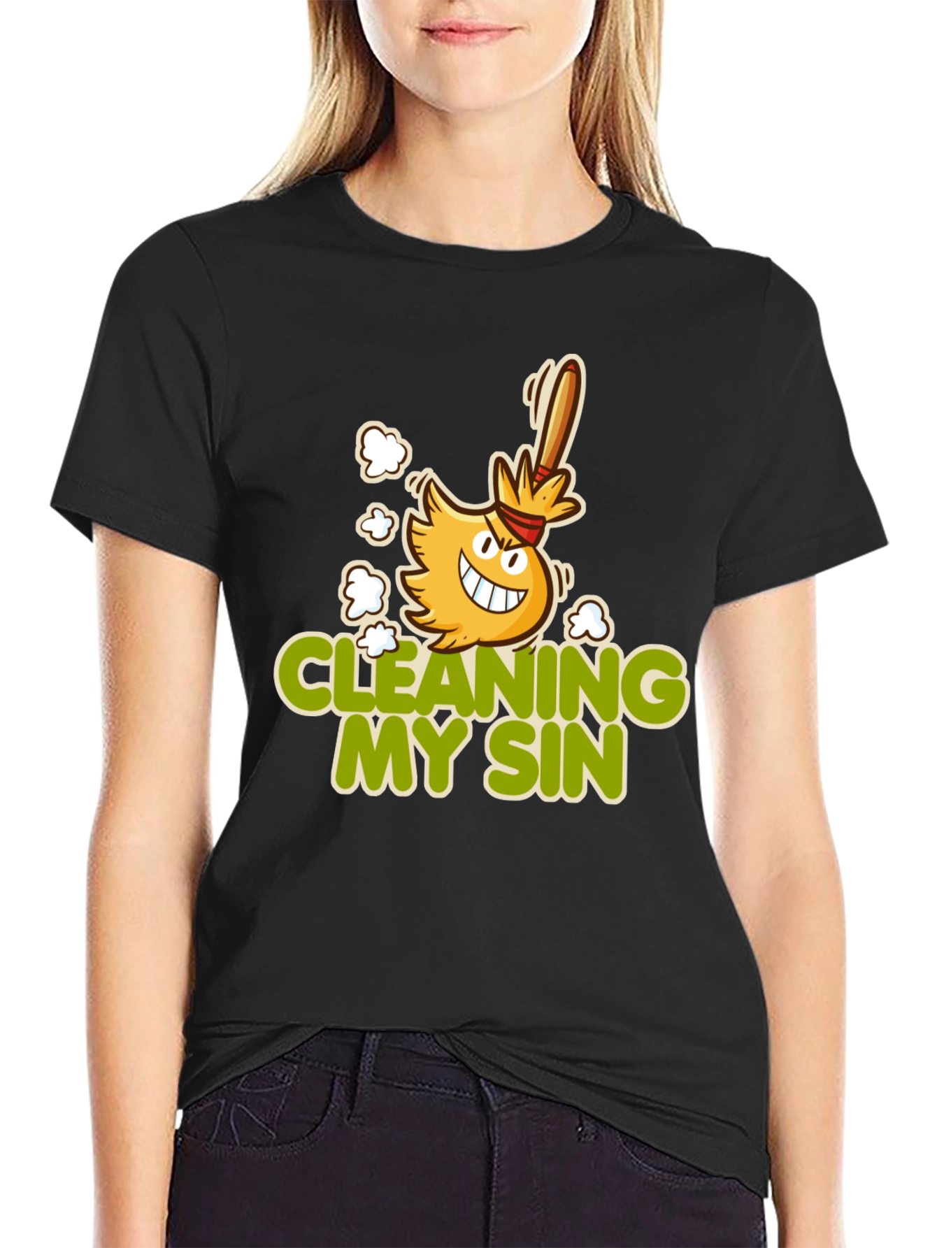Cleaning My Sin Cartoon Broom Graphic Tee
