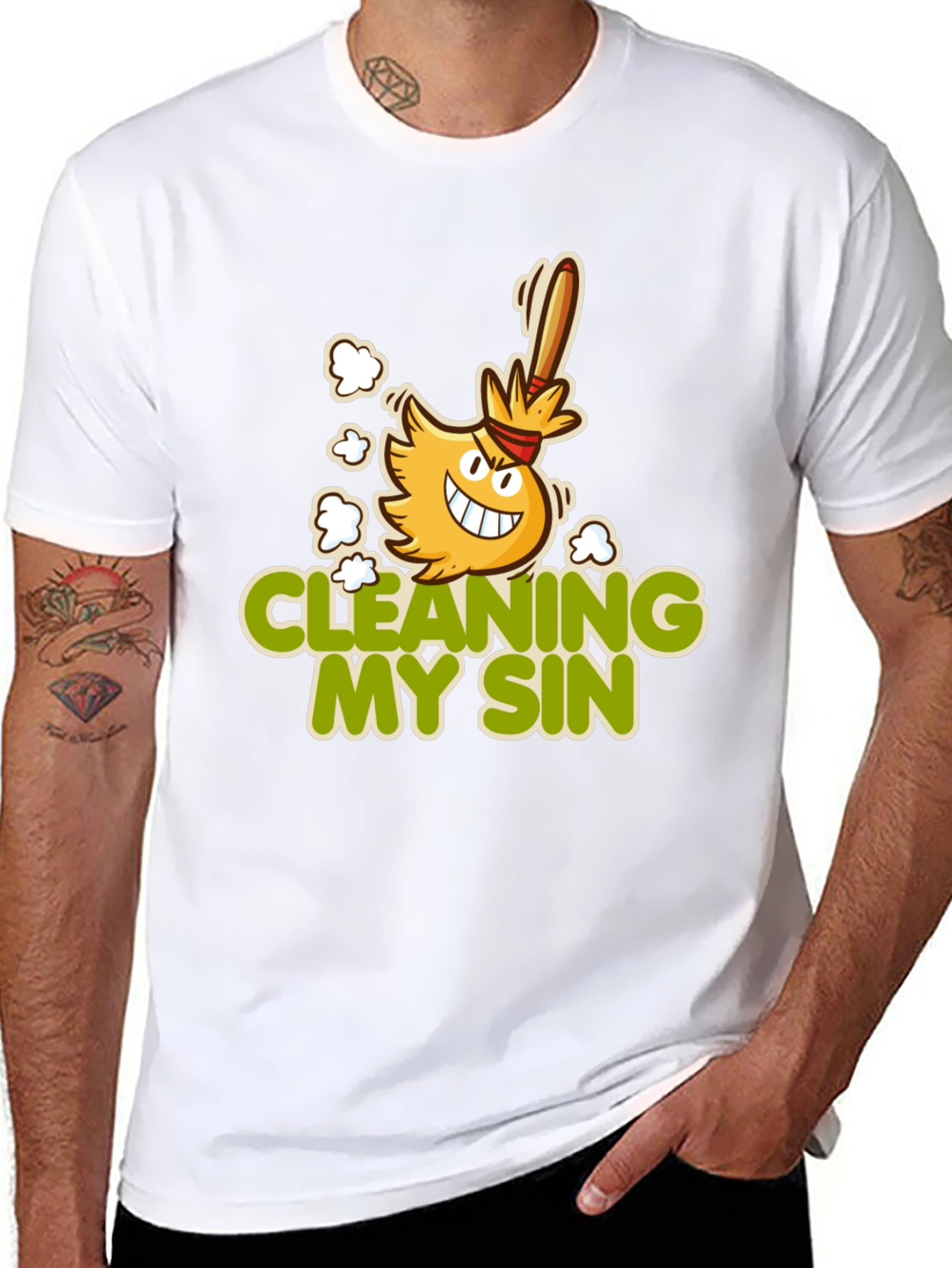 Cleaning My Sin Cartoon Broom Graphic Tee