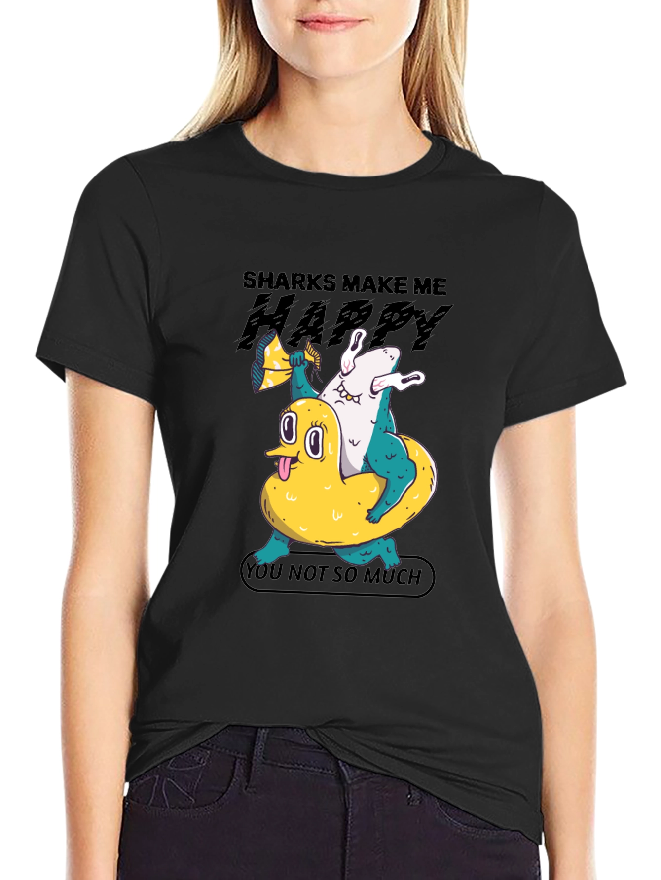 Shark Makes Me Happy T-Shirt Novelty Graphic Tee