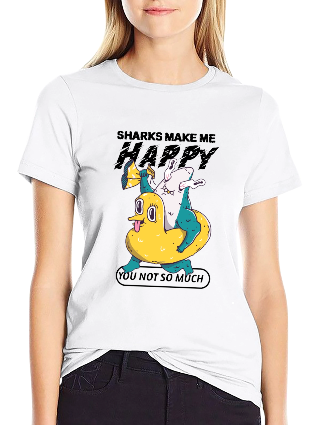 Shark Makes Me Happy T-Shirt Novelty Graphic Tee