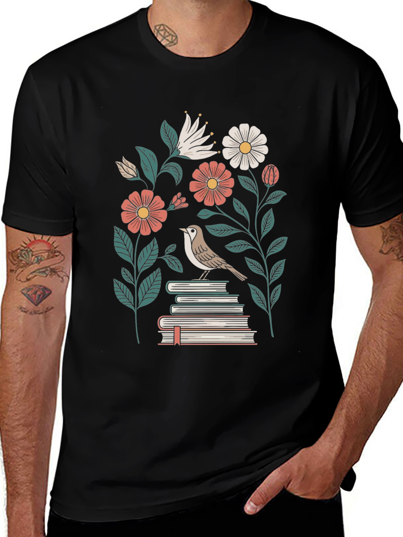 Floral Bird on Books Graphic Tee