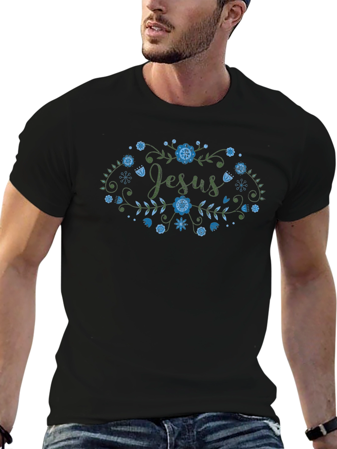 Floral Jesus Graphic Tee - Black