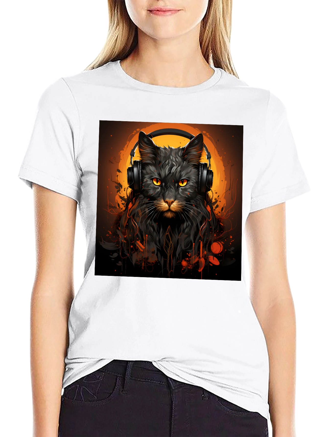 DJ Cat Graphic Tee - Stylish Unisex Black T-Shirt