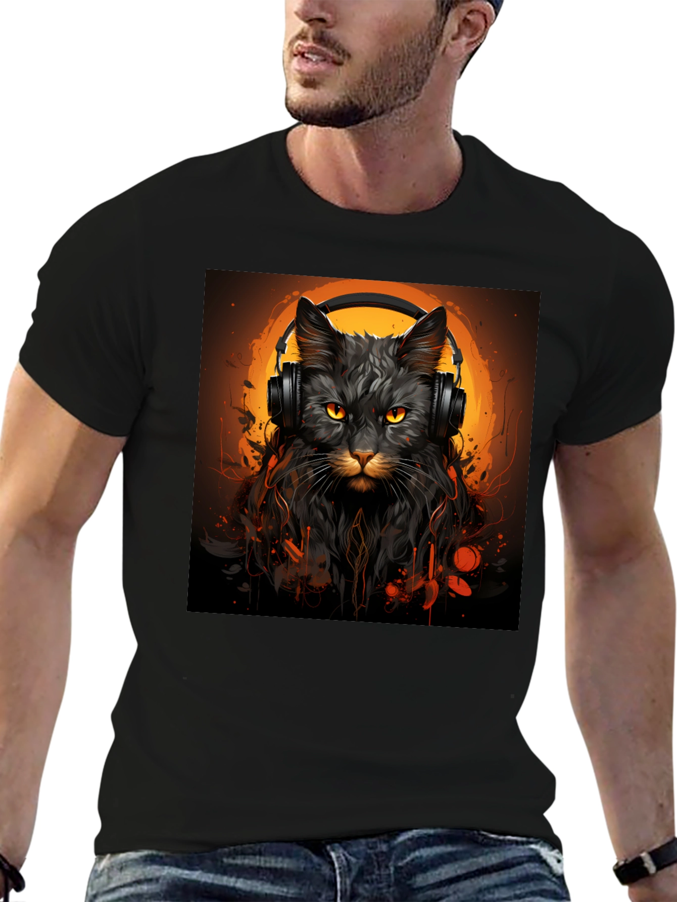 DJ Cat Graphic Tee - Stylish Unisex Black T-Shirt