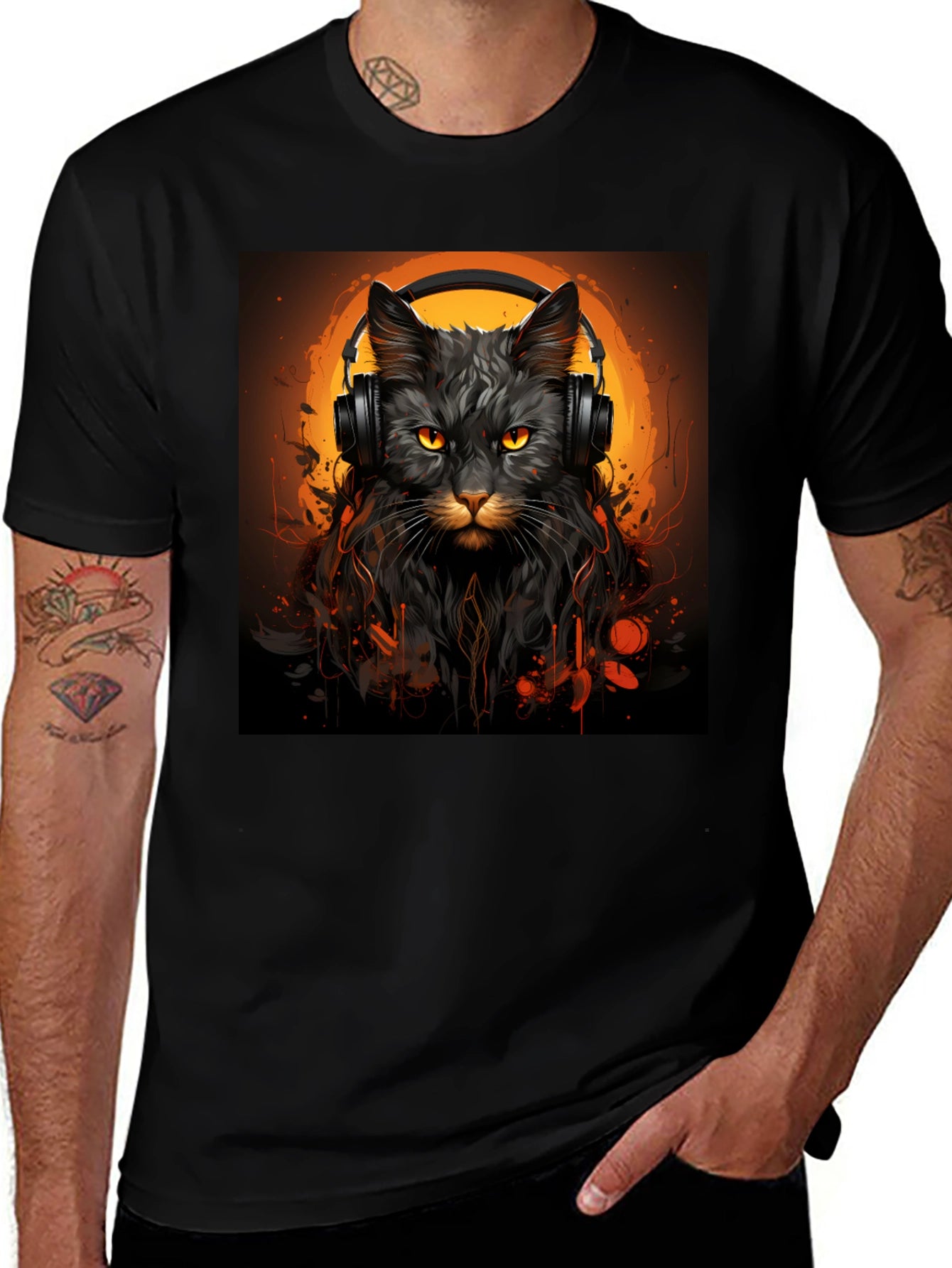 DJ Cat Graphic Tee - Stylish Unisex Black T-Shirt