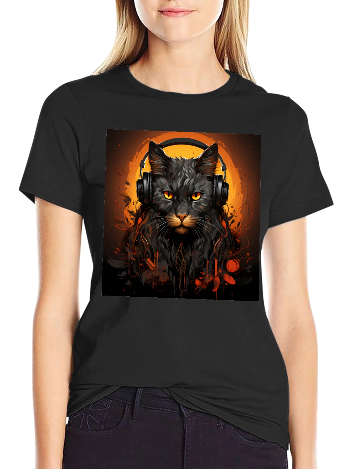 DJ Cat Graphic Tee - Stylish Unisex Black T-Shirt
