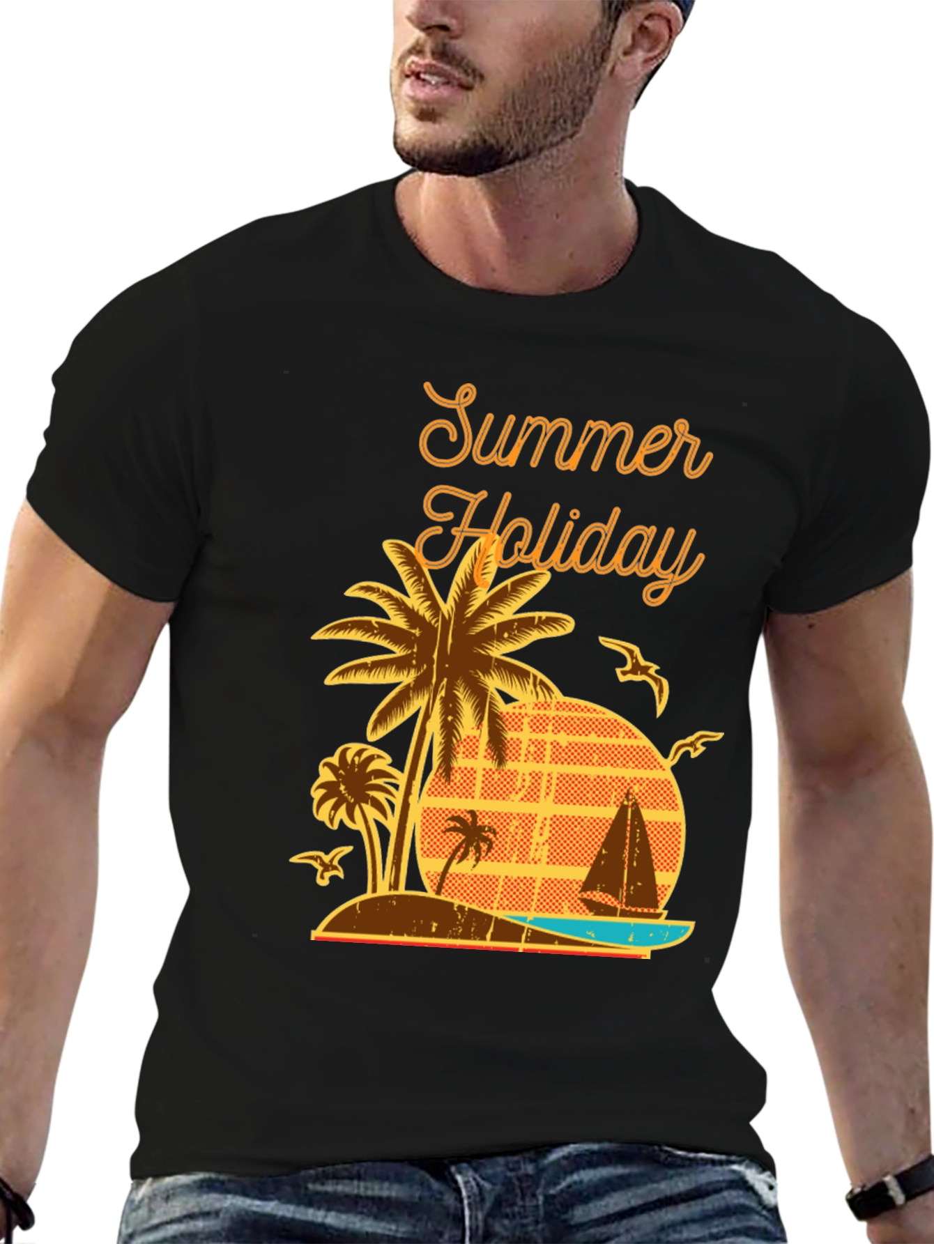 Summer Holiday Graphic T-Shirt - Palm Tree Beach Design