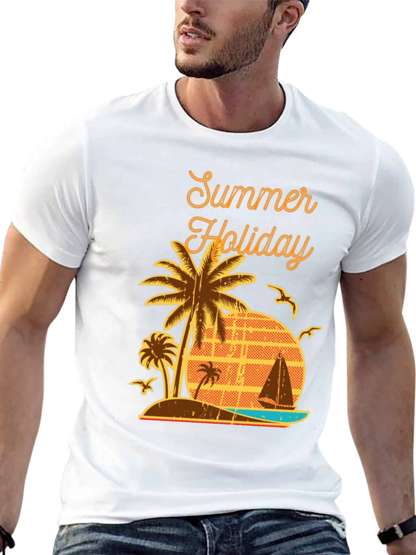 Summer Holiday Graphic T-Shirt - Palm Tree Beach Design
