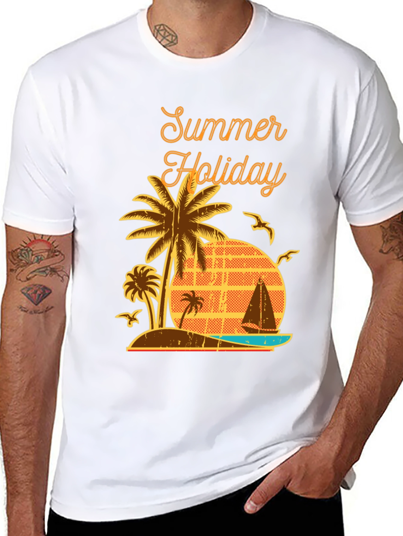 Summer Holiday Graphic T-Shirt - Palm Tree Beach Design