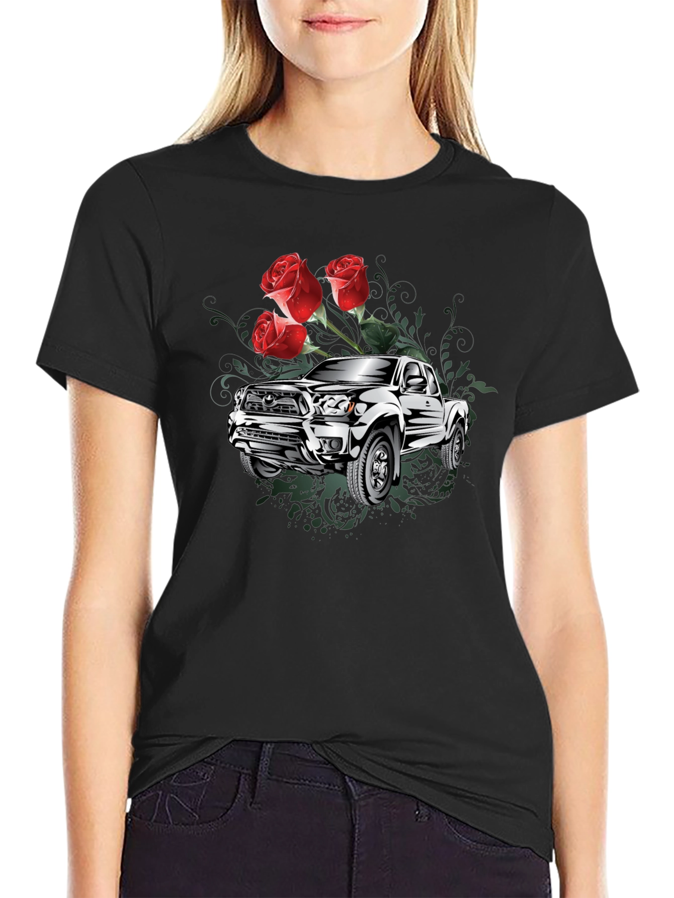 Truck and Roses Graphic Tee - Black