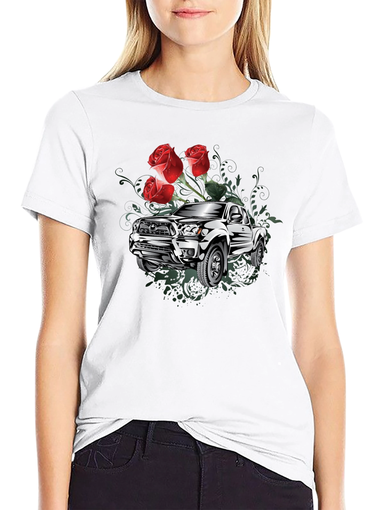 Truck and Roses Graphic Tee - Black