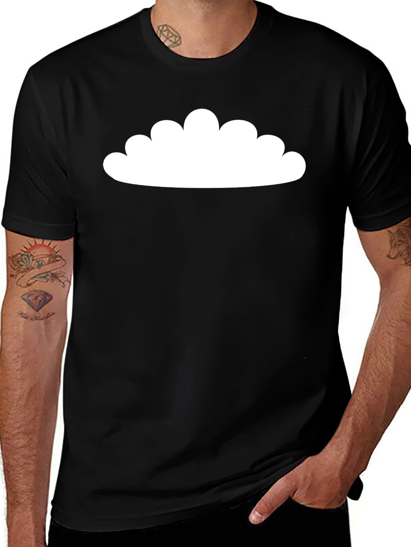 Mens Black Cotton T-Shirt with White Cloud Design