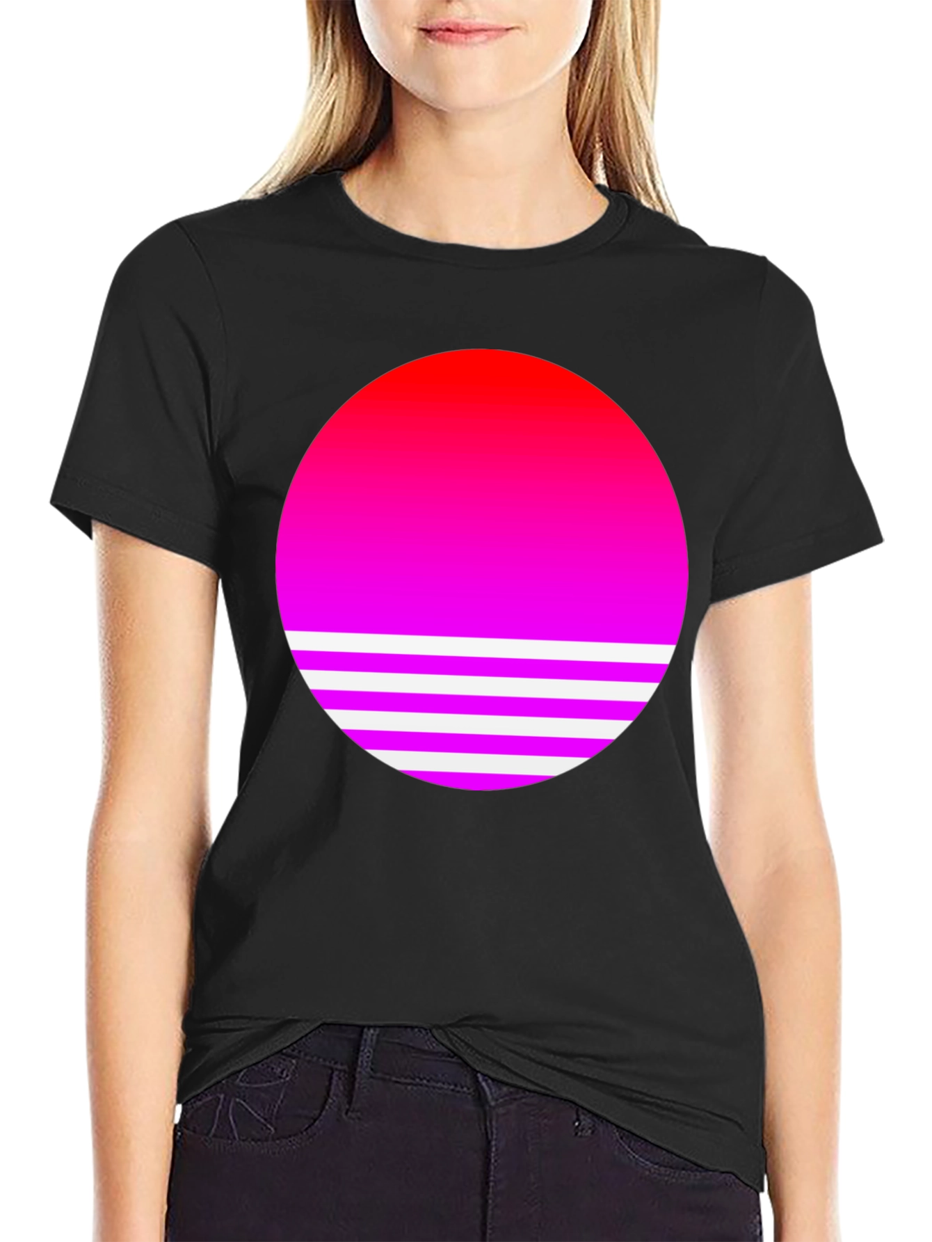 Retro Sunset Graphic Tee - Black Cotton Blend