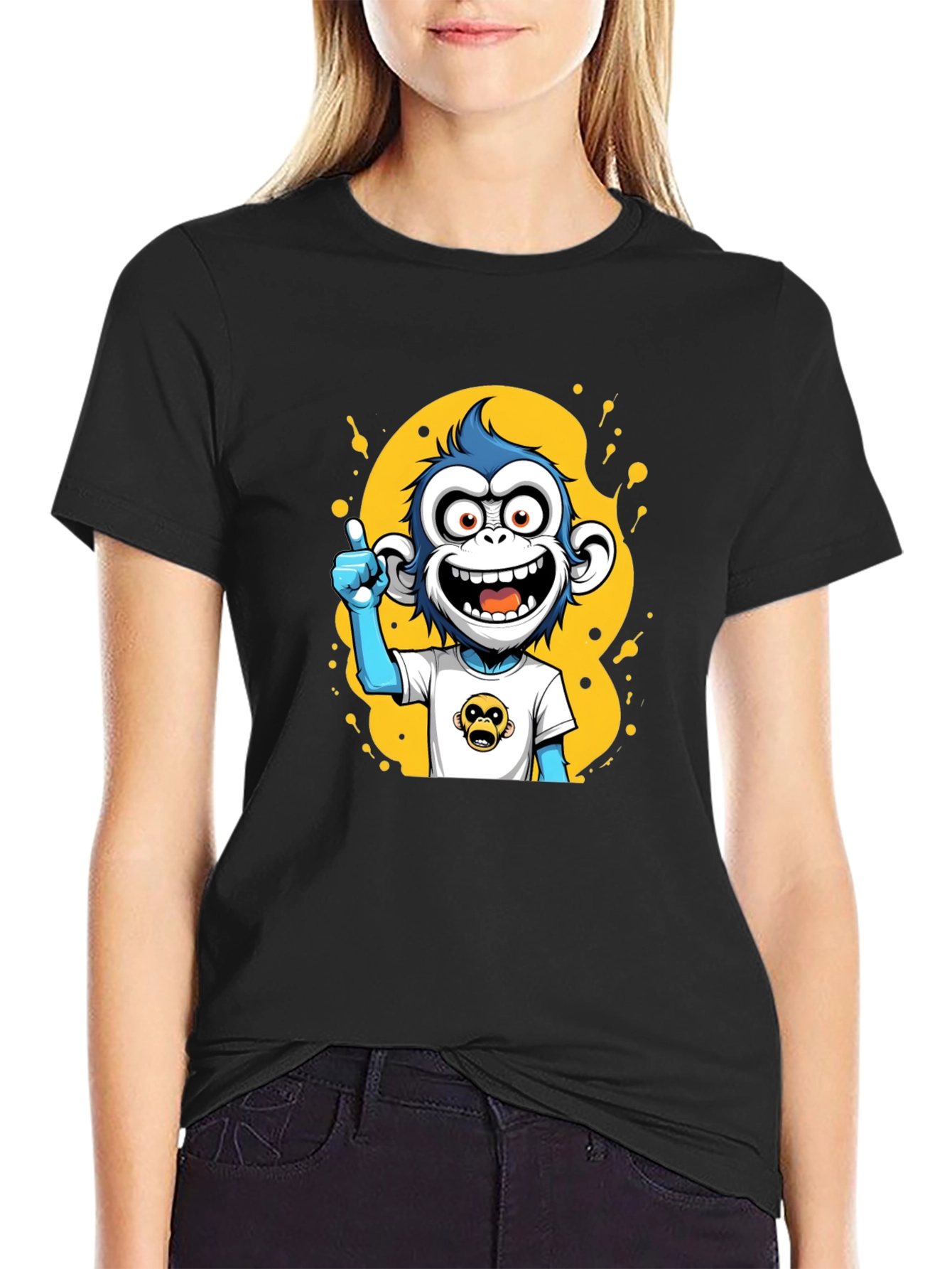 Cartoon Monkey Graphic Black T-Shirt