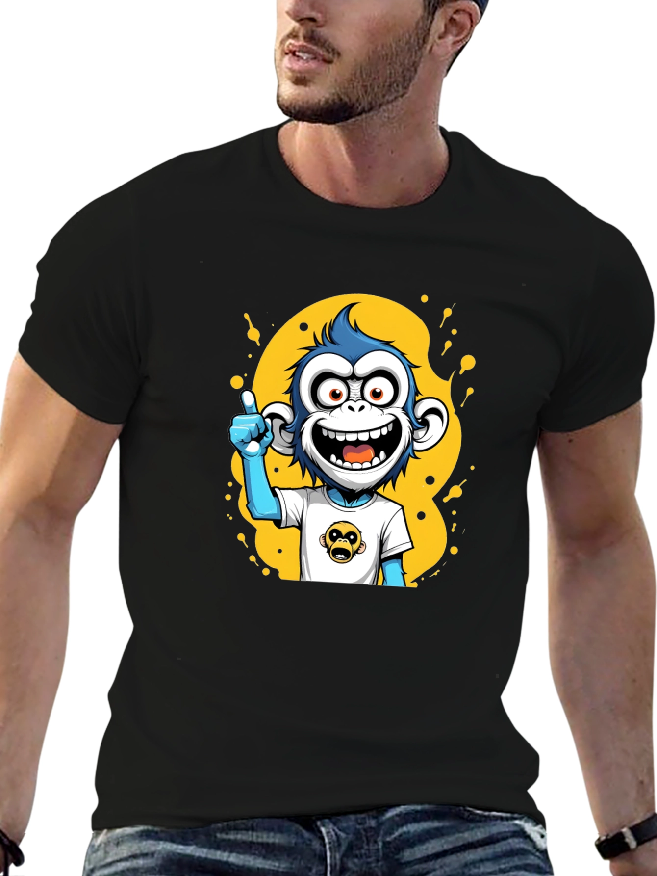 Cartoon Monkey Graphic Black T-Shirt