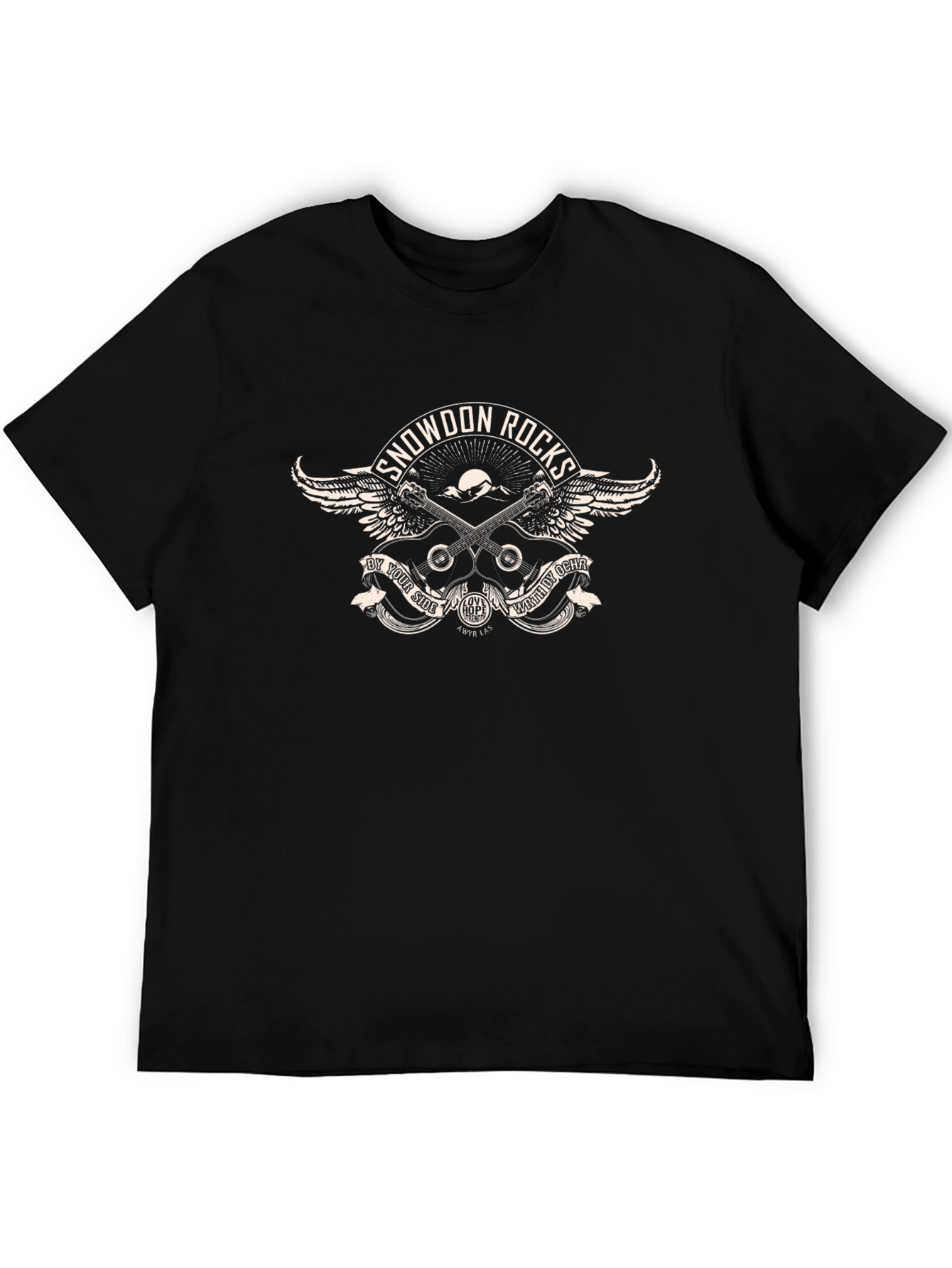 Snowdon Rocks Black T-Shirt with Guitar and Wings Design