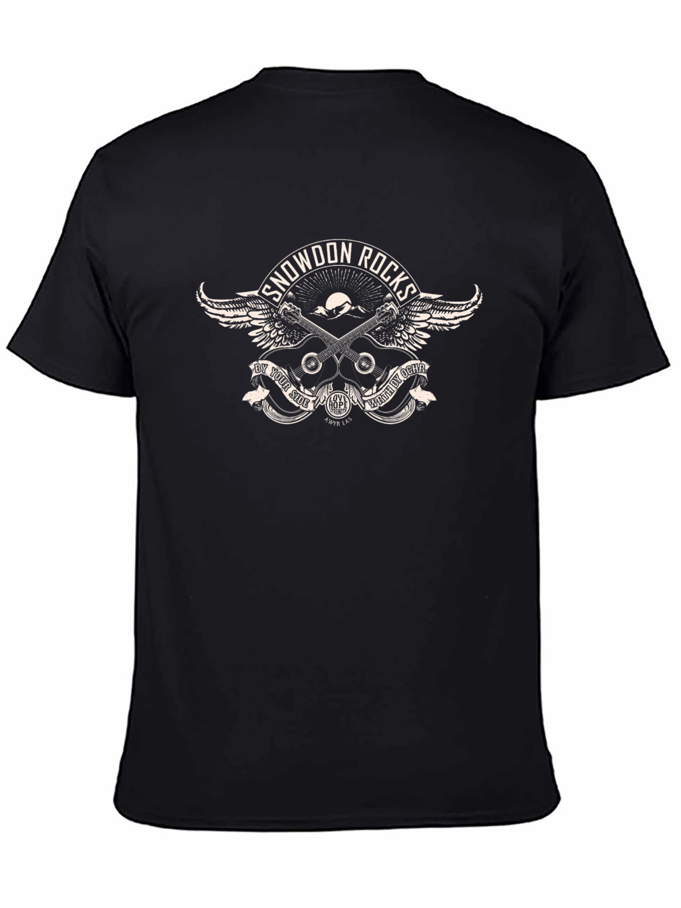Snowdon Rocks Black T-Shirt with Guitar and Wings Design