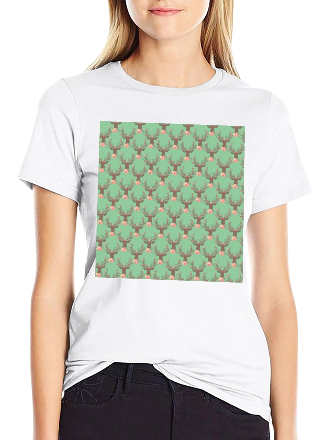 Deer Floral Pattern Black T-Shirt