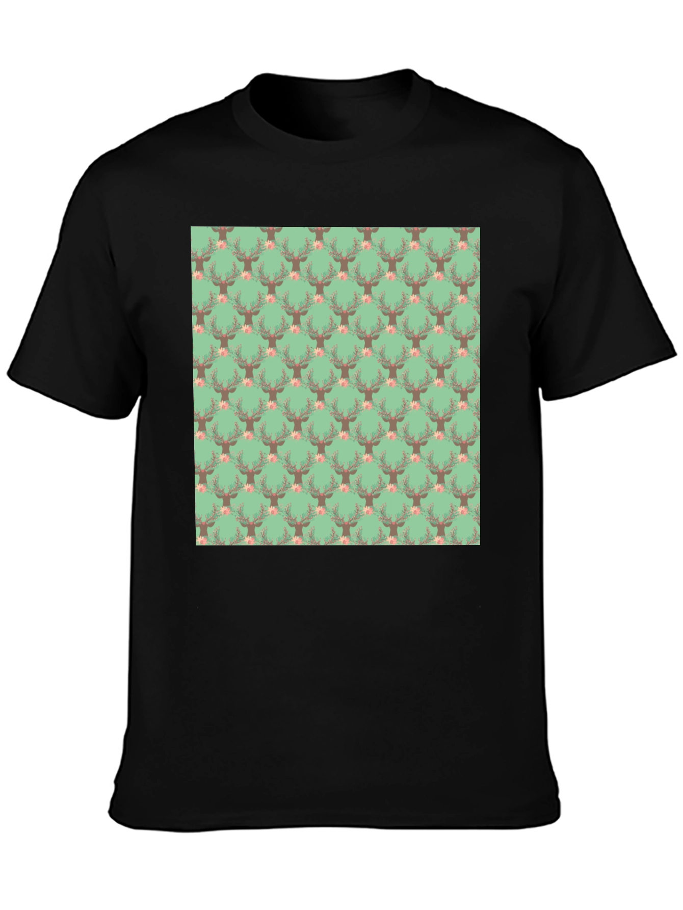 Deer Floral Pattern Black T-Shirt