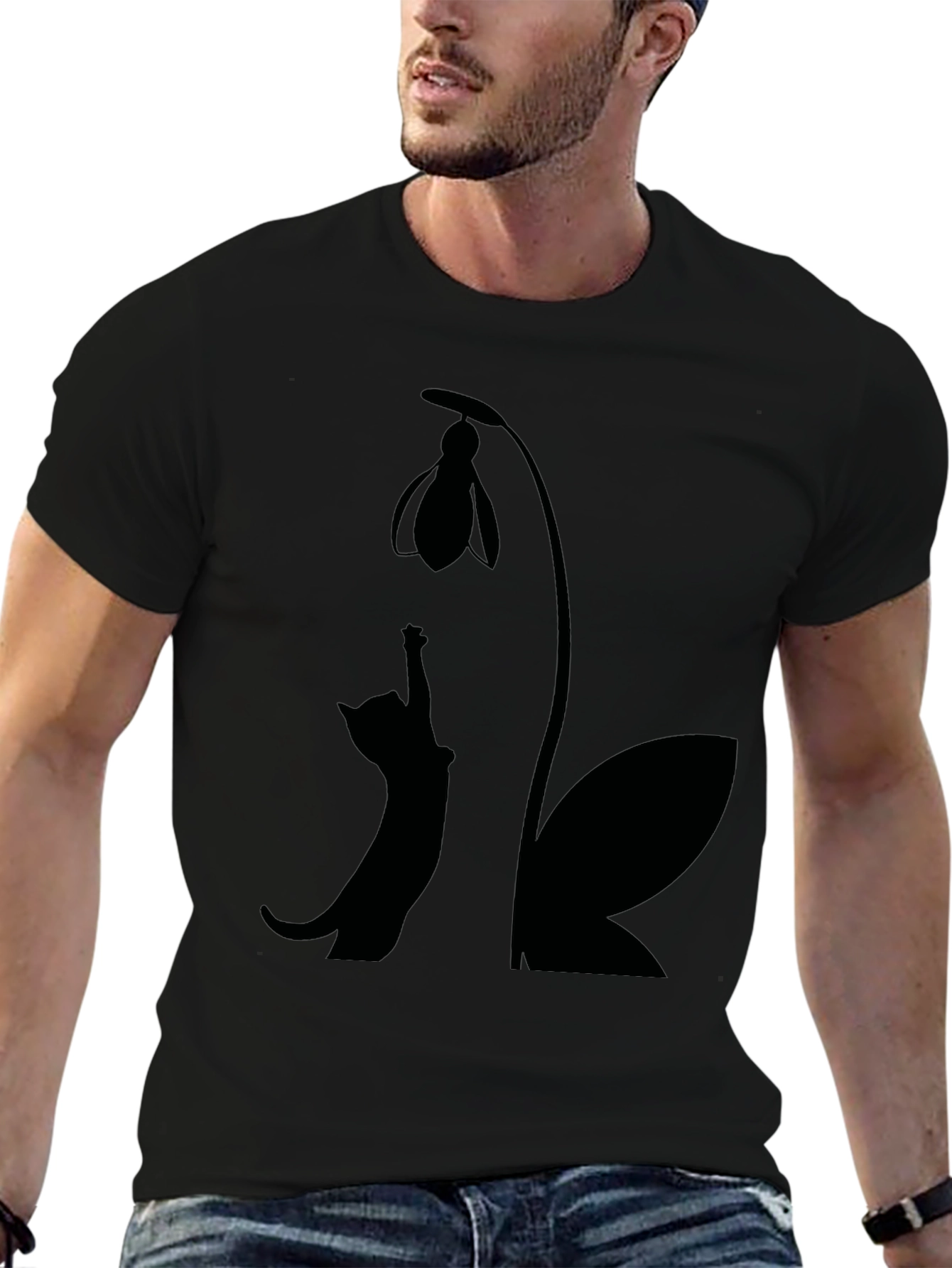Cat & Snowdrop Flower Black T-Shirt