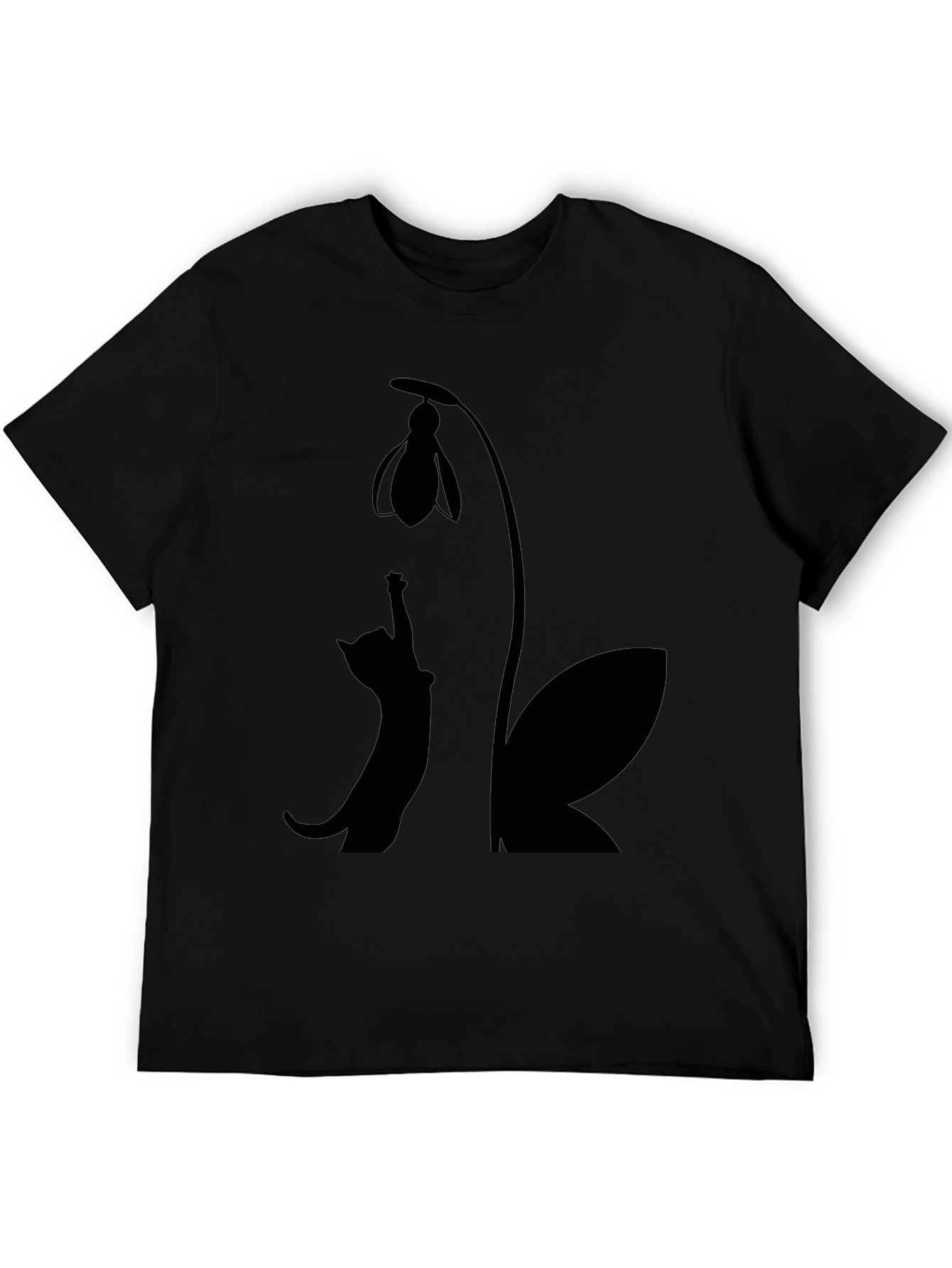 Cat & Snowdrop Flower Black T-Shirt
