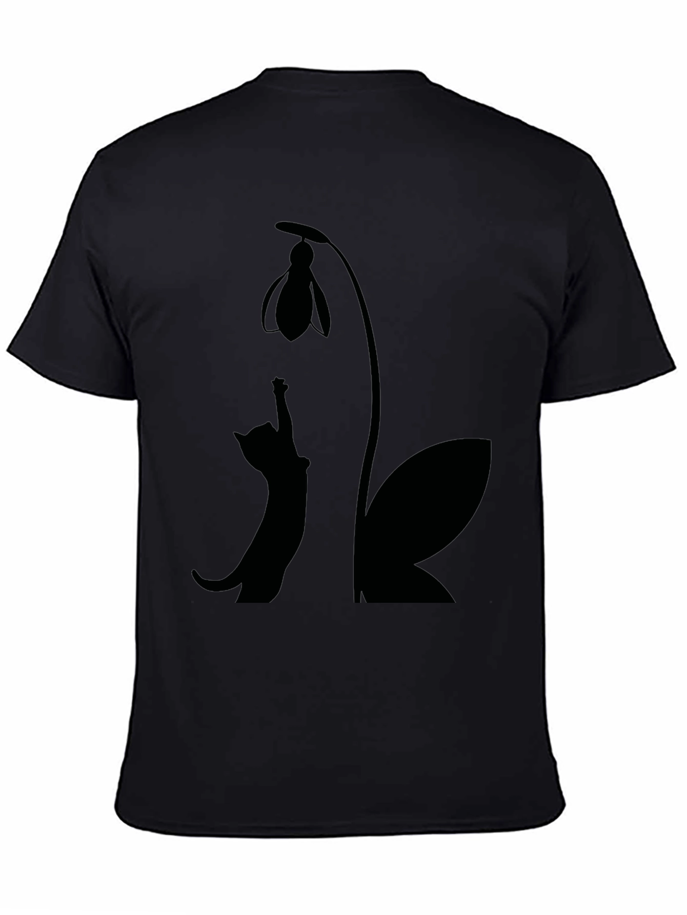 Cat & Snowdrop Flower Black T-Shirt
