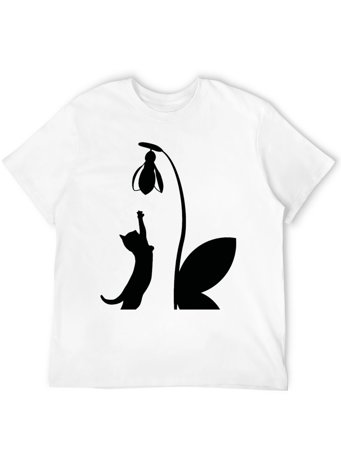 Cat & Snowdrop Flower Black T-Shirt