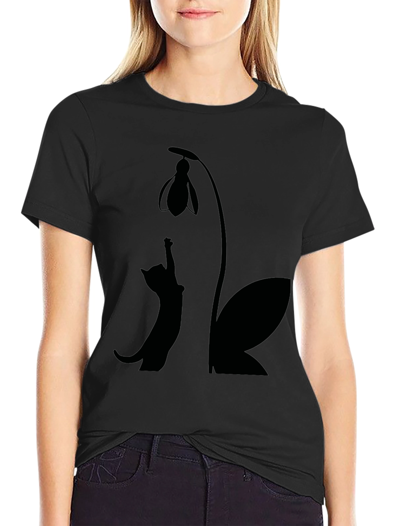 Cat & Snowdrop Flower Black T-Shirt