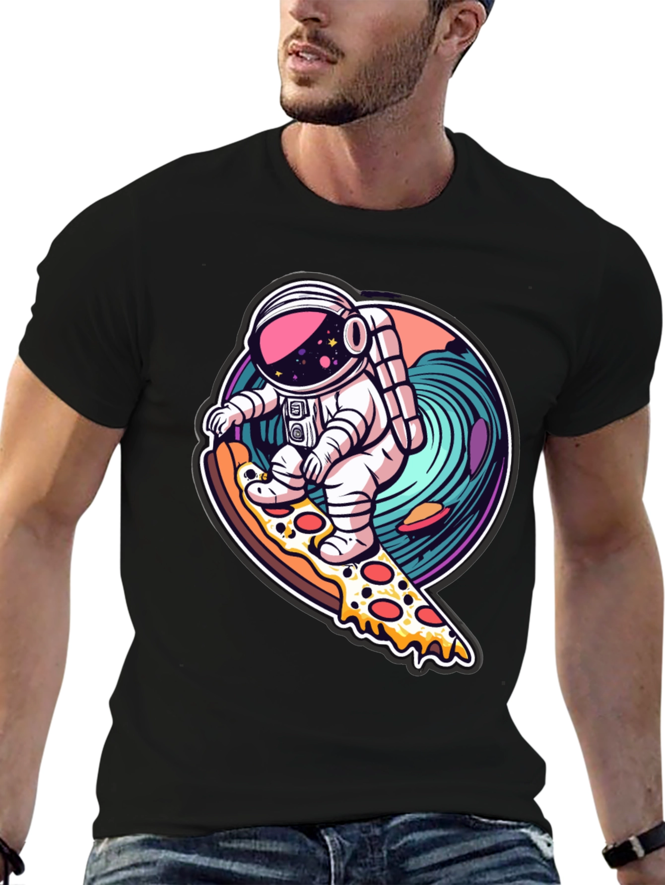 Astronaut Pizza Surfing Black T-Shirt