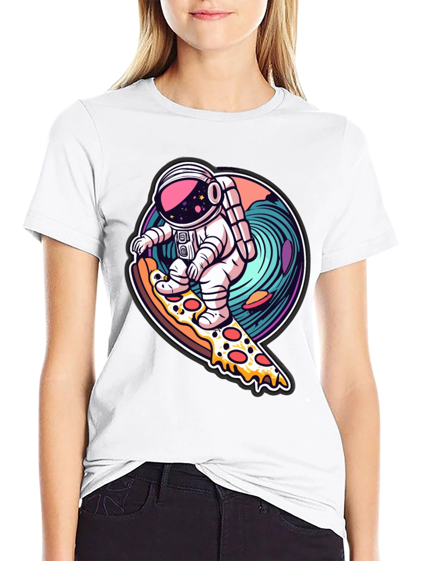 Astronaut Pizza Surfing Black T-Shirt