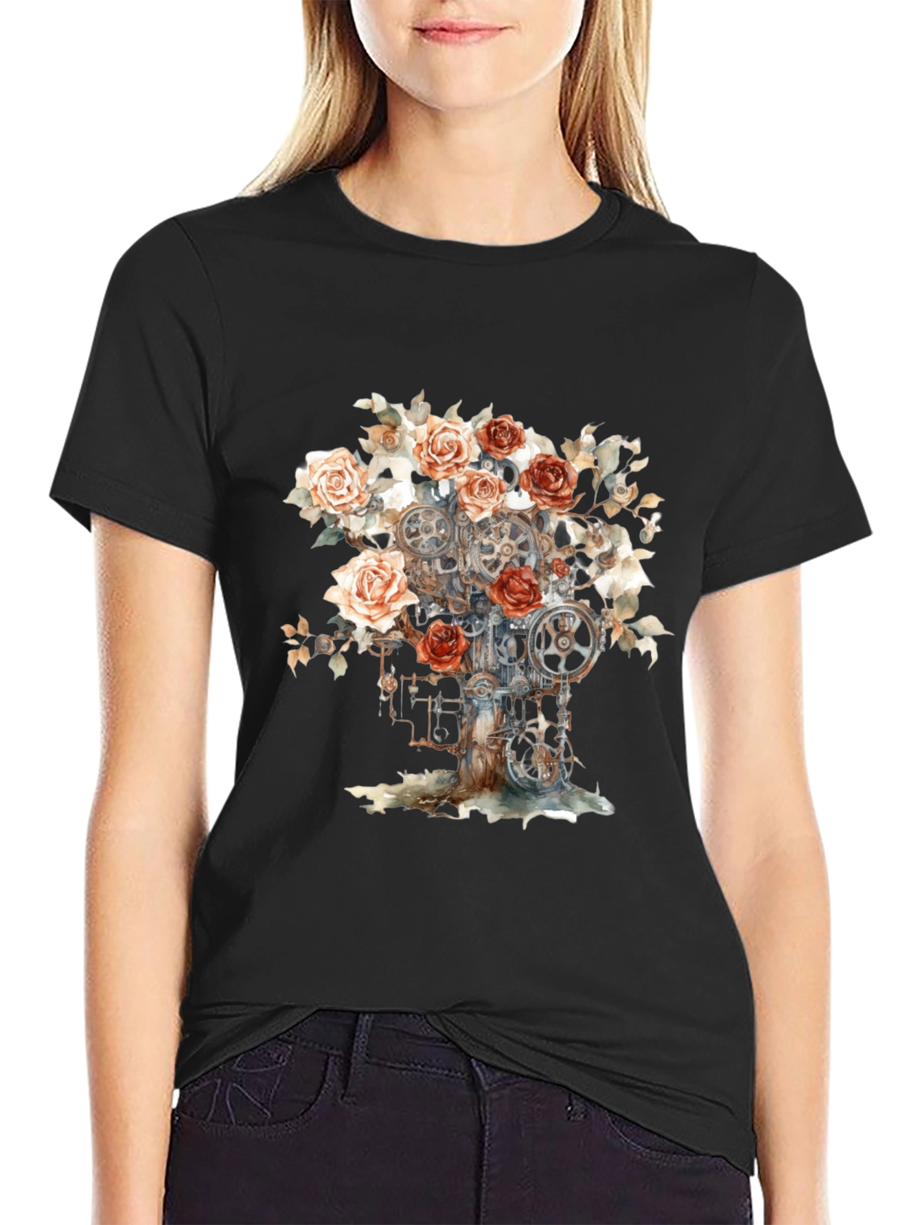 Steampunk Rose Gears Graphic Tee - Black