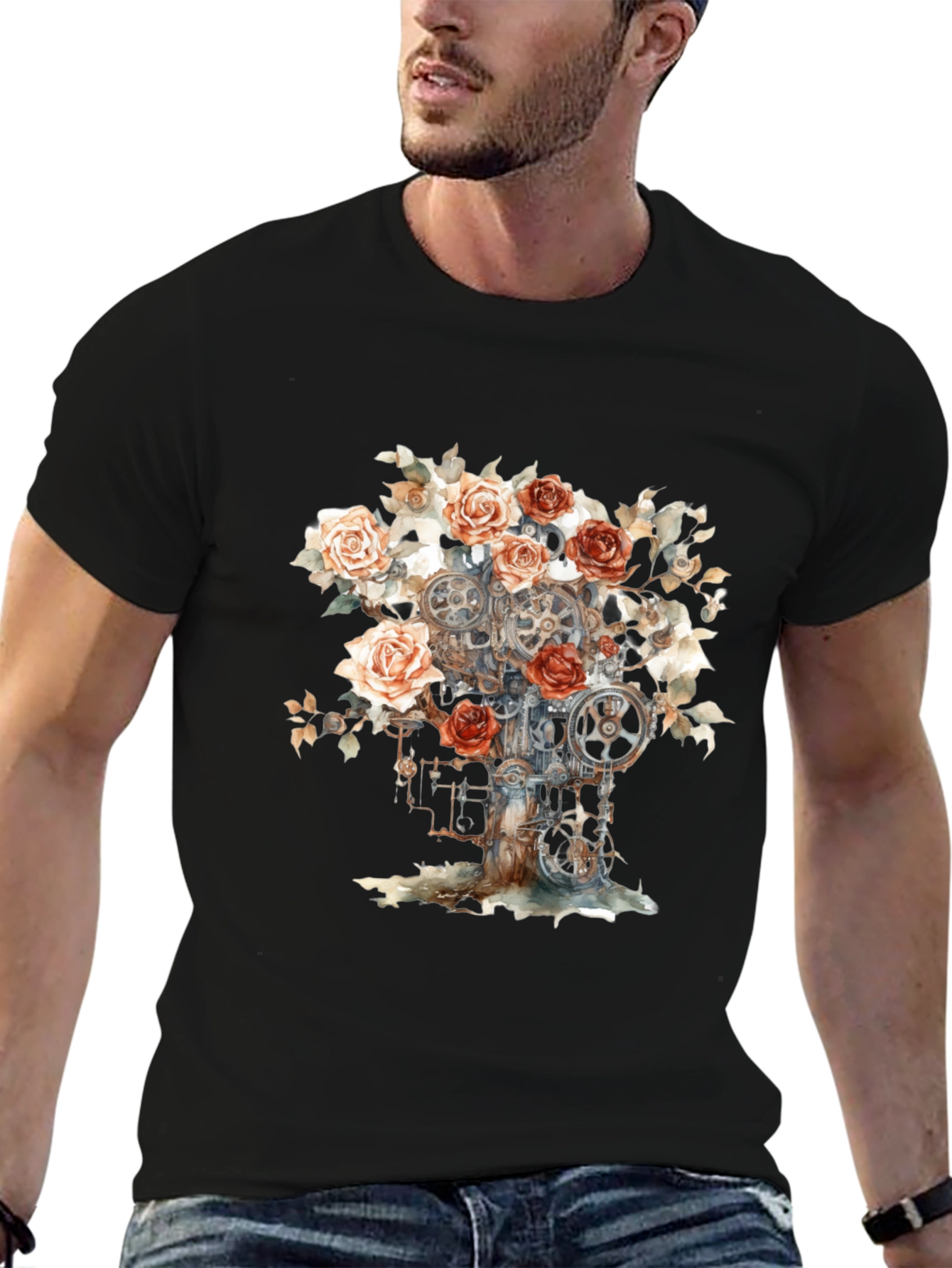 Steampunk Rose Gears Graphic Tee - Black